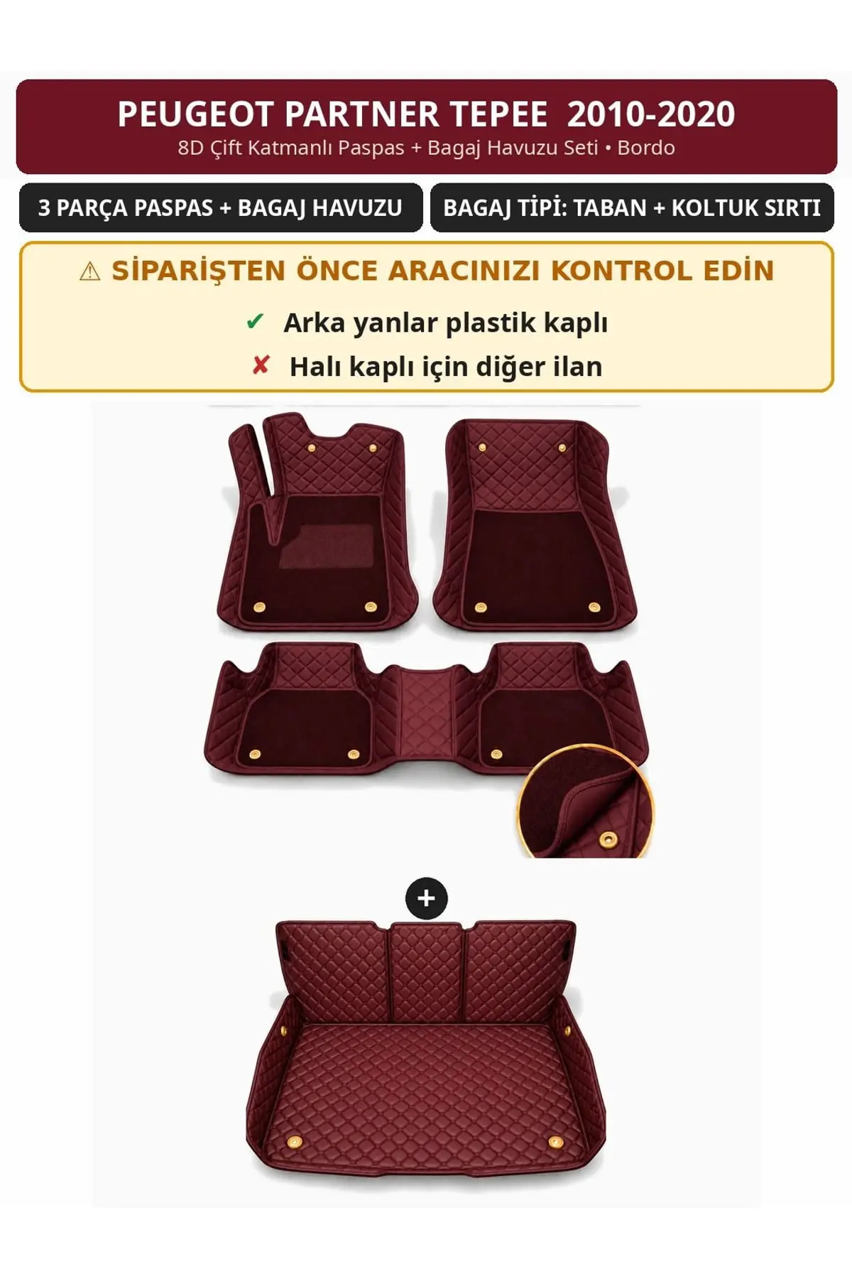 Peugeot Partner Tepee 2010-2020 Arka Yan Plastik 8D Çift Katmanlı Paspas + Bagaj Havuzu Seti Bordo 1
