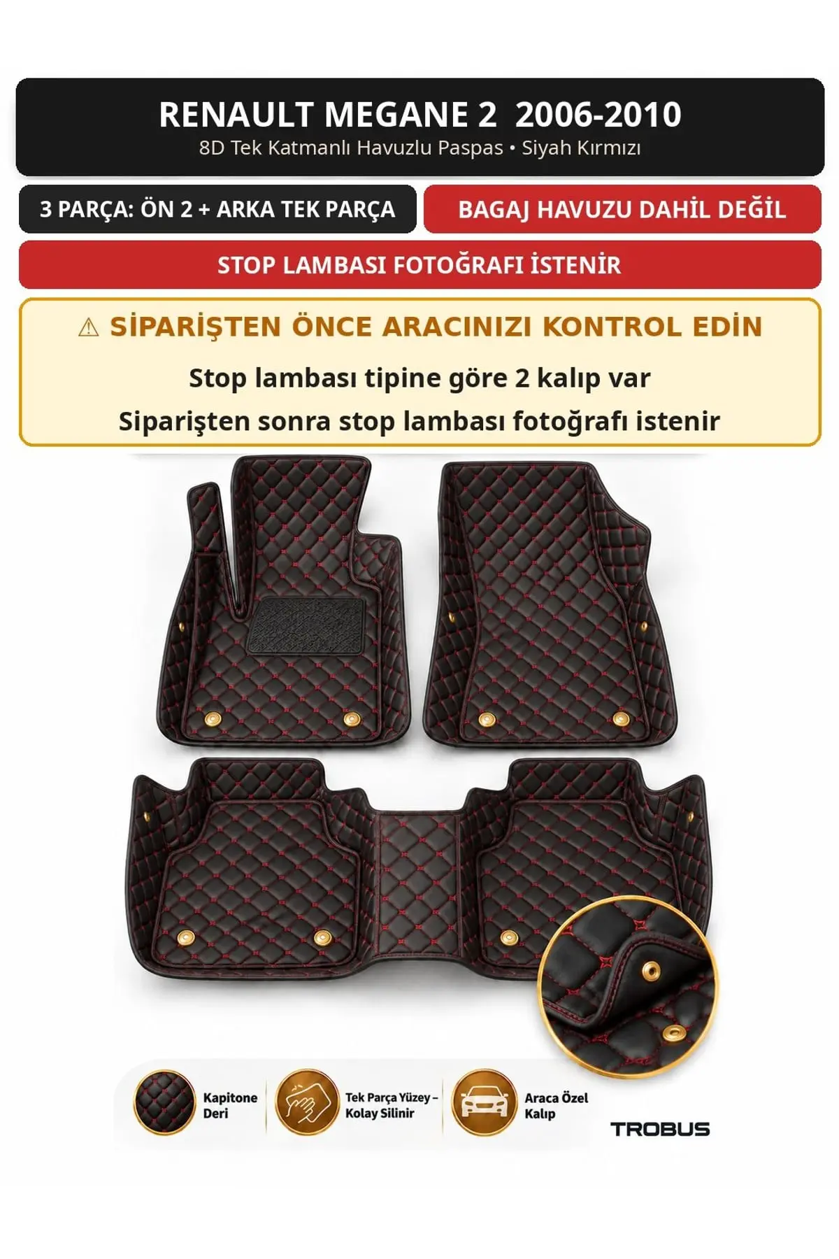 Renault Megane 2 2006-2010 8D Tek Katmanlı Havuzlu Paspas Kapitone Deri Siyah Kırmızı 1