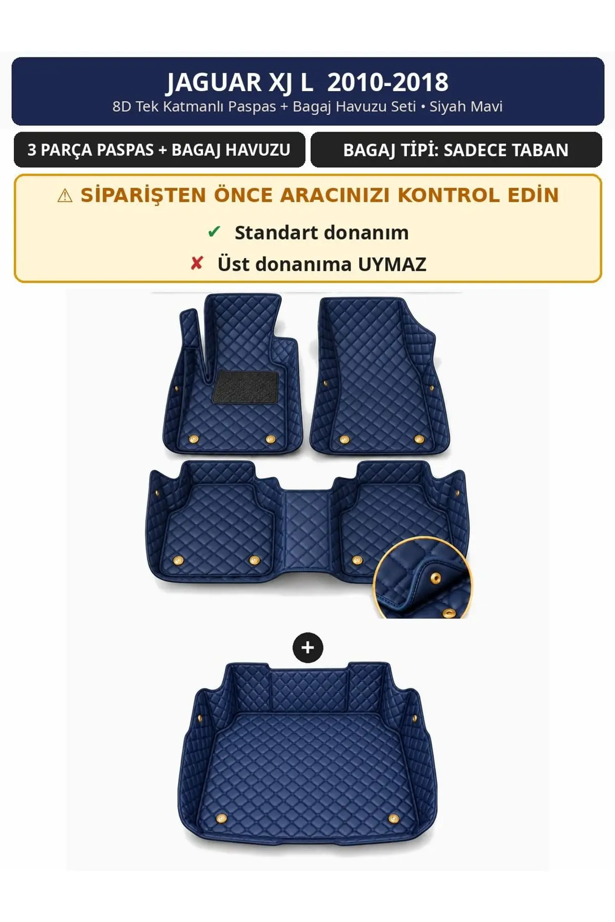 Jaguar XJ L 2010-2018 8D Tek Katmanlı Paspas + Bagaj Havuzu Seti Siyah Mavi 1