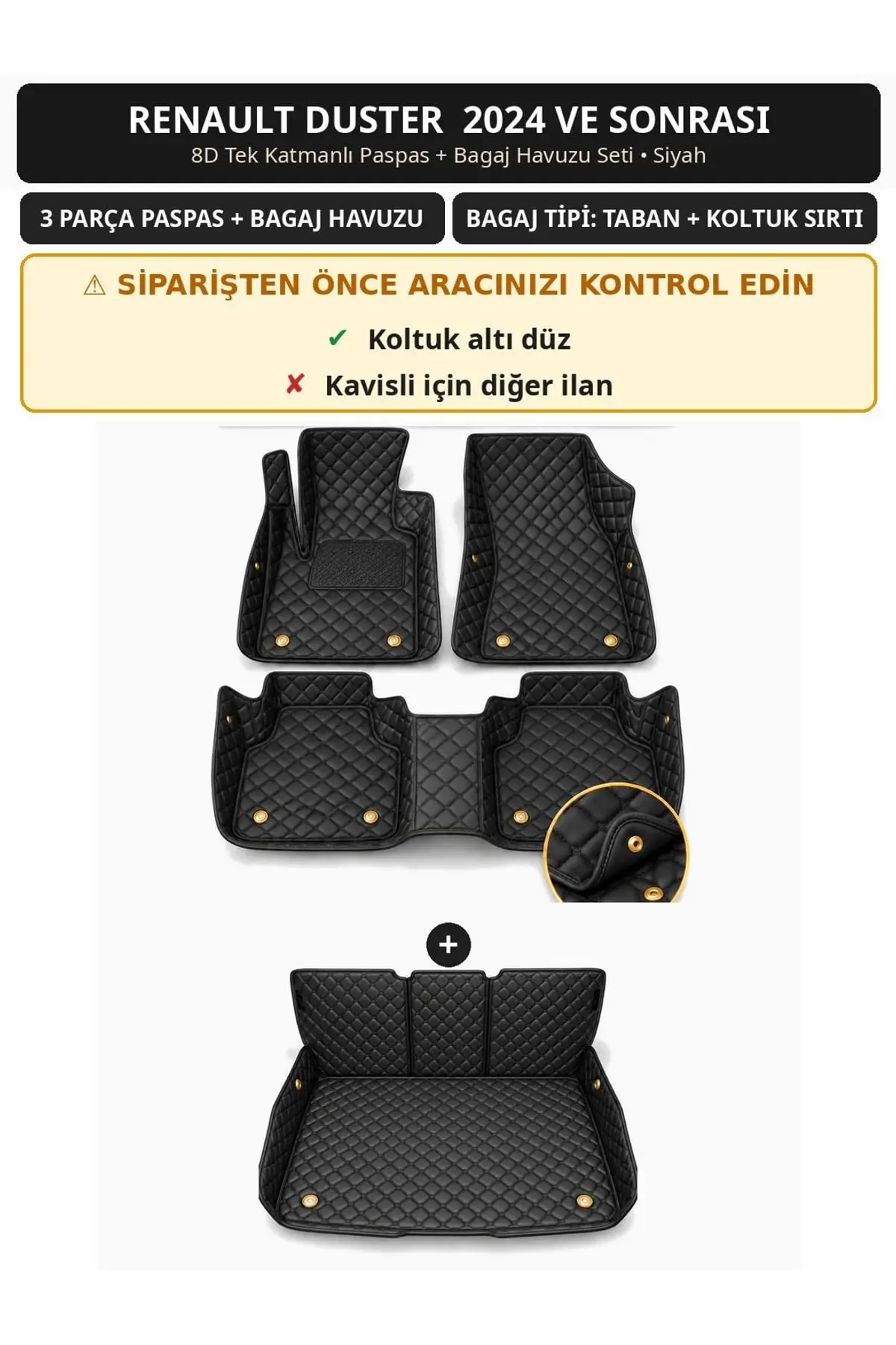 Renault Duster 2024+ Düz Koltuk Altı 8D Tek Katmanlı Paspas + Bagaj Havuzu Seti Siyah 1