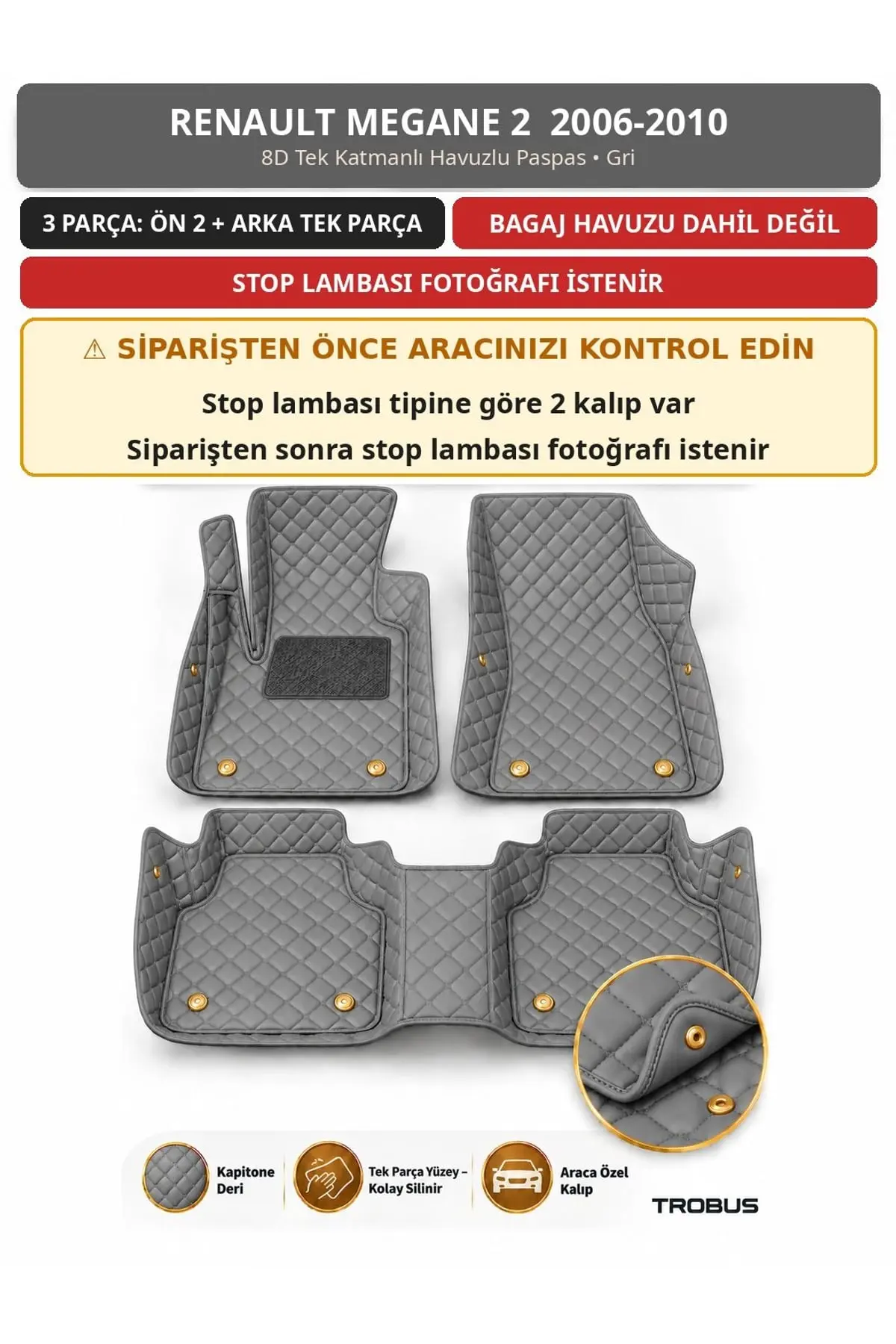 Renault Megane 2 2006-2010 8D Tek Katmanlı Havuzlu Paspas Kapitone Deri Gri 1