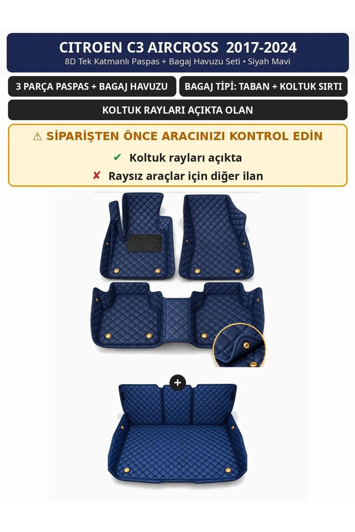 Citroen C3 Aircross 2017-2024 Koltuk Rayı Açık 8D Tek Katmanlı Paspas + Bagaj Havuzu Seti Siyah Mavi 1