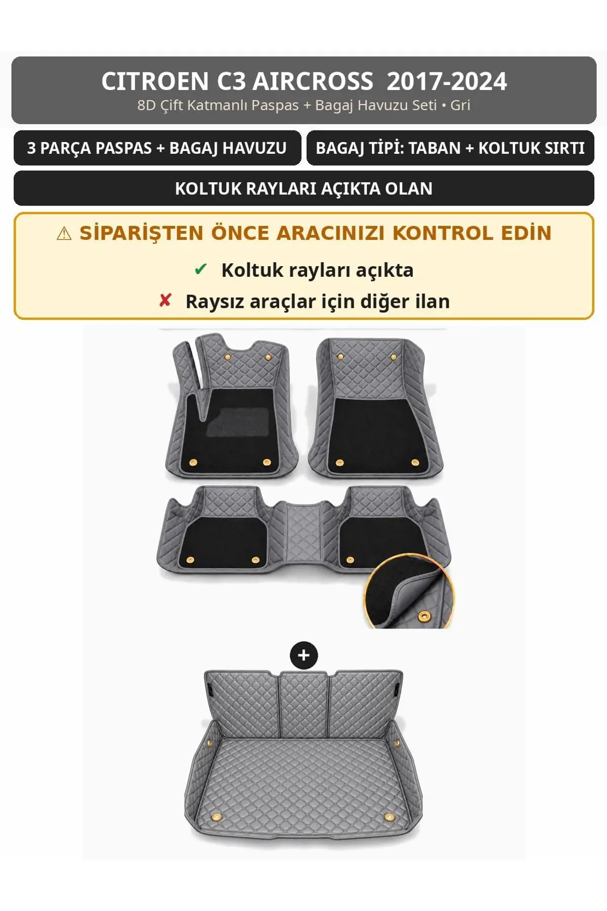 Citroen C3 Aircross 2017-2024 Koltuk Rayı Açık 8D Çift Katmanlı Paspas + Bagaj Havuzu Seti Gri 1