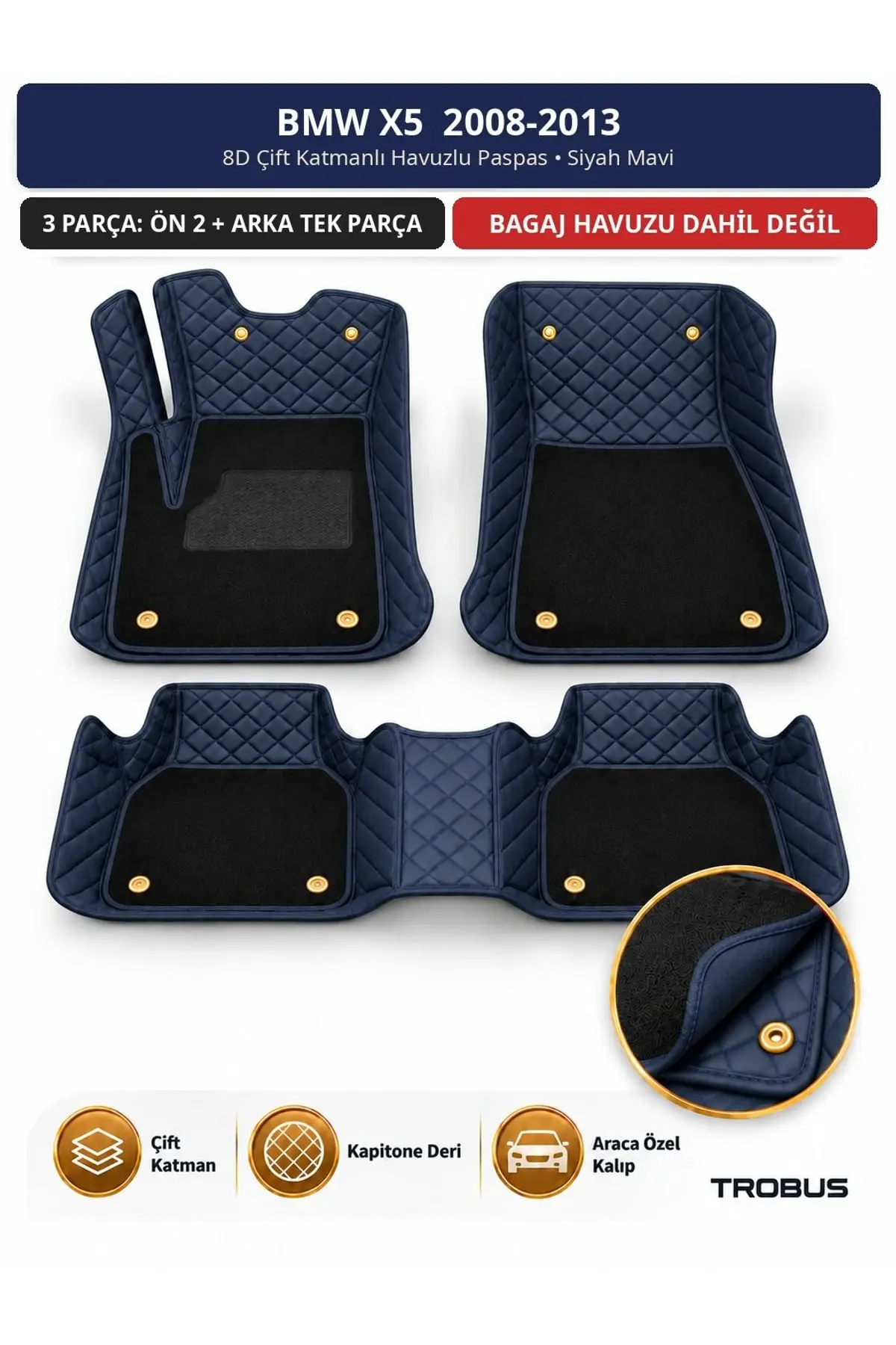 BMW X5 2008-2013 8D Çift Katmanlı Havuzlu Paspas Kapitone Deri Siyah Mavi 1