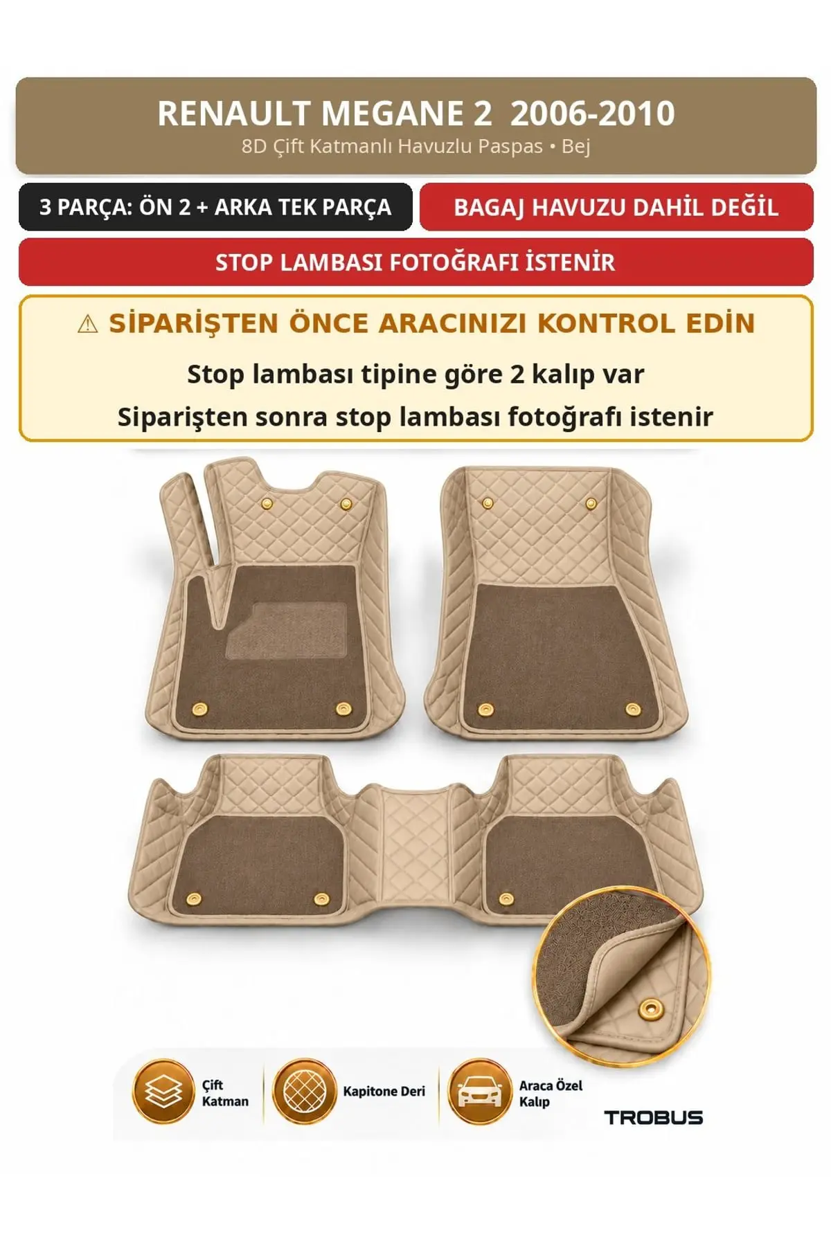Renault Megane 2 2006-2010 8D Çift Katmanlı Havuzlu Paspas Kapitone Deri Bej 1