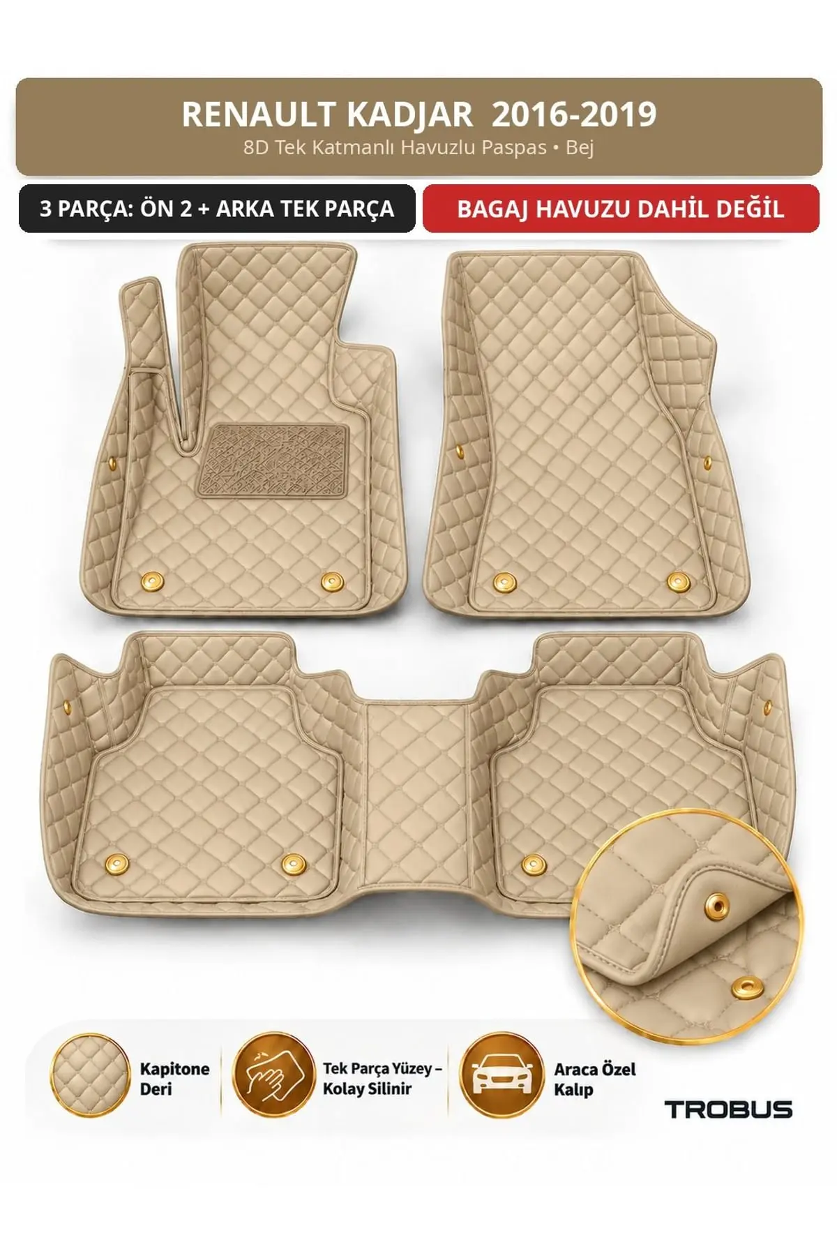 Renault Kadjar 2016-2019 8D Tek Katmanlı Havuzlu Paspas Kapitone Deri Bej 1
