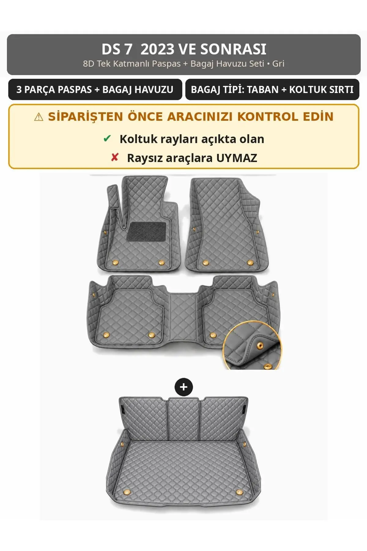 DS 7 2023+ 8D Tek Katmanlı Paspas + Bagaj Havuzu Seti Gri 1