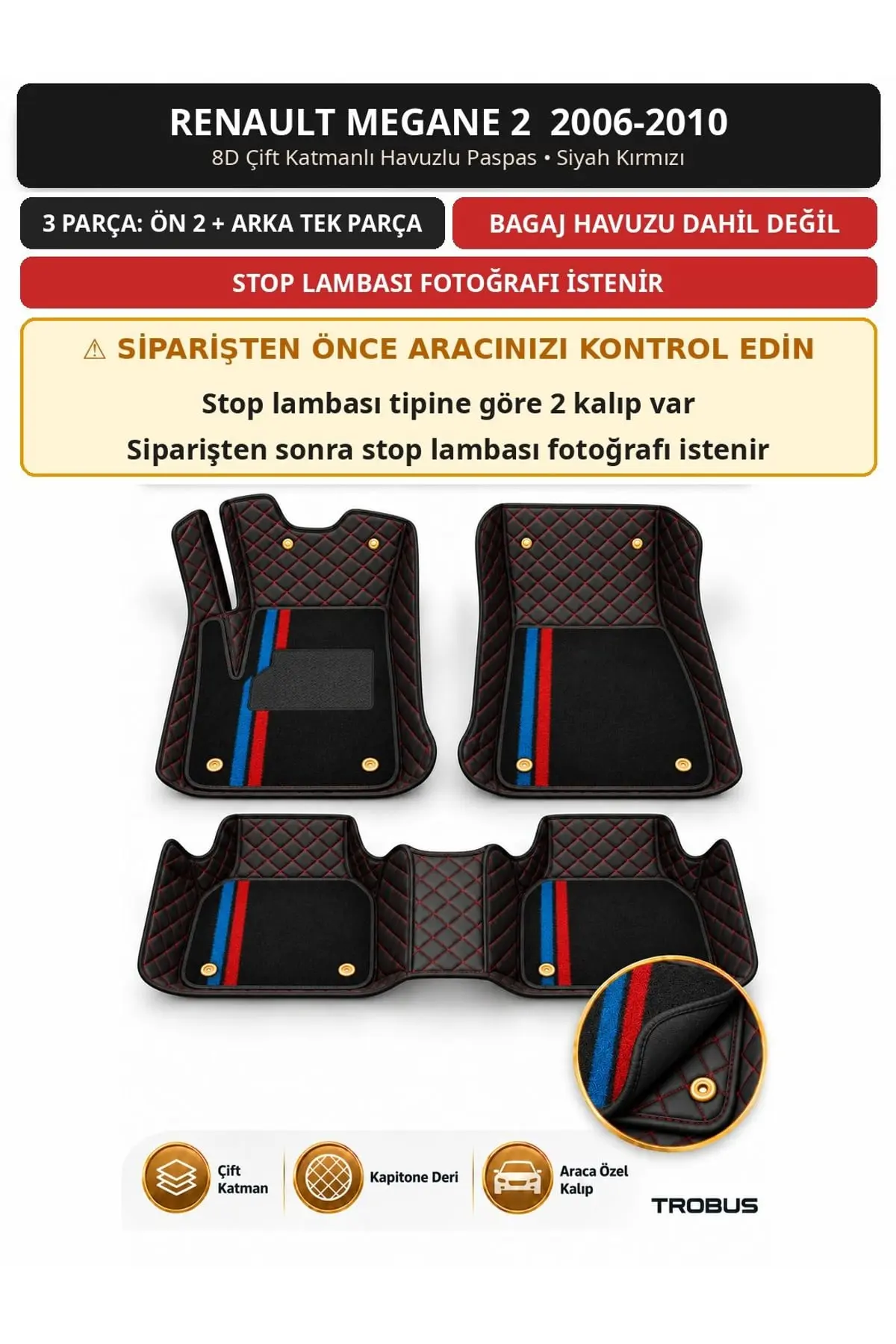 Renault Megane 2 2006-2010 8D Çift Katmanlı Havuzlu Paspas Kapitone Deri Siyah Kırmızı 1
