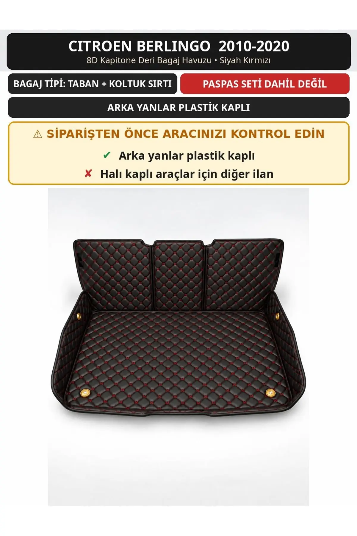 Citroen Berlingo 2010-2020 Arka Yan Plastik 8D Deri Bagaj Havuzu Sırt Kaplamalı Siyah Kırmızı 1