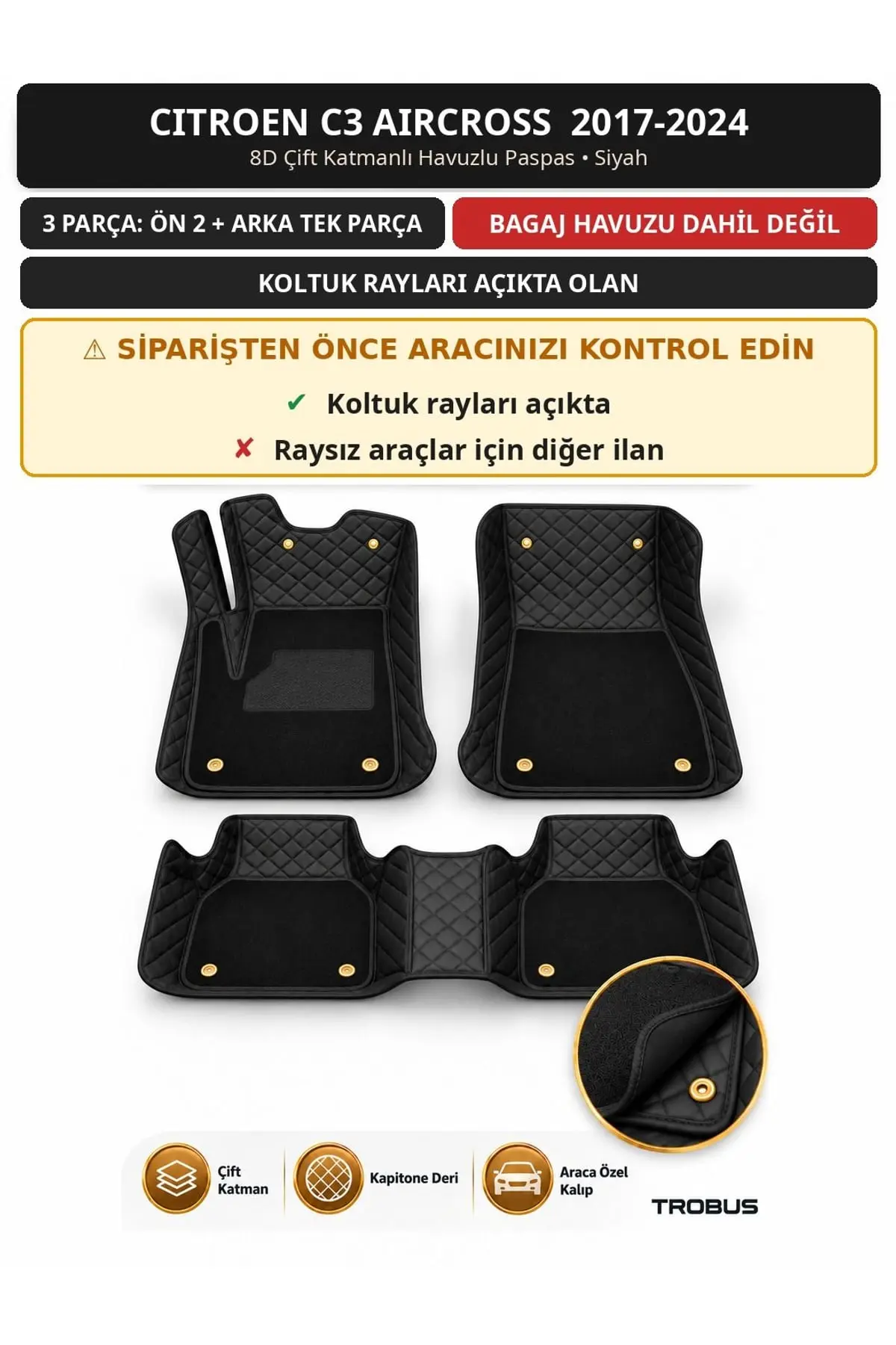 Citroen C3 Aircross 2017-2024 Koltuk Rayı Açık 8D Çift Katmanlı Havuzlu Paspas Deri Siyah 1