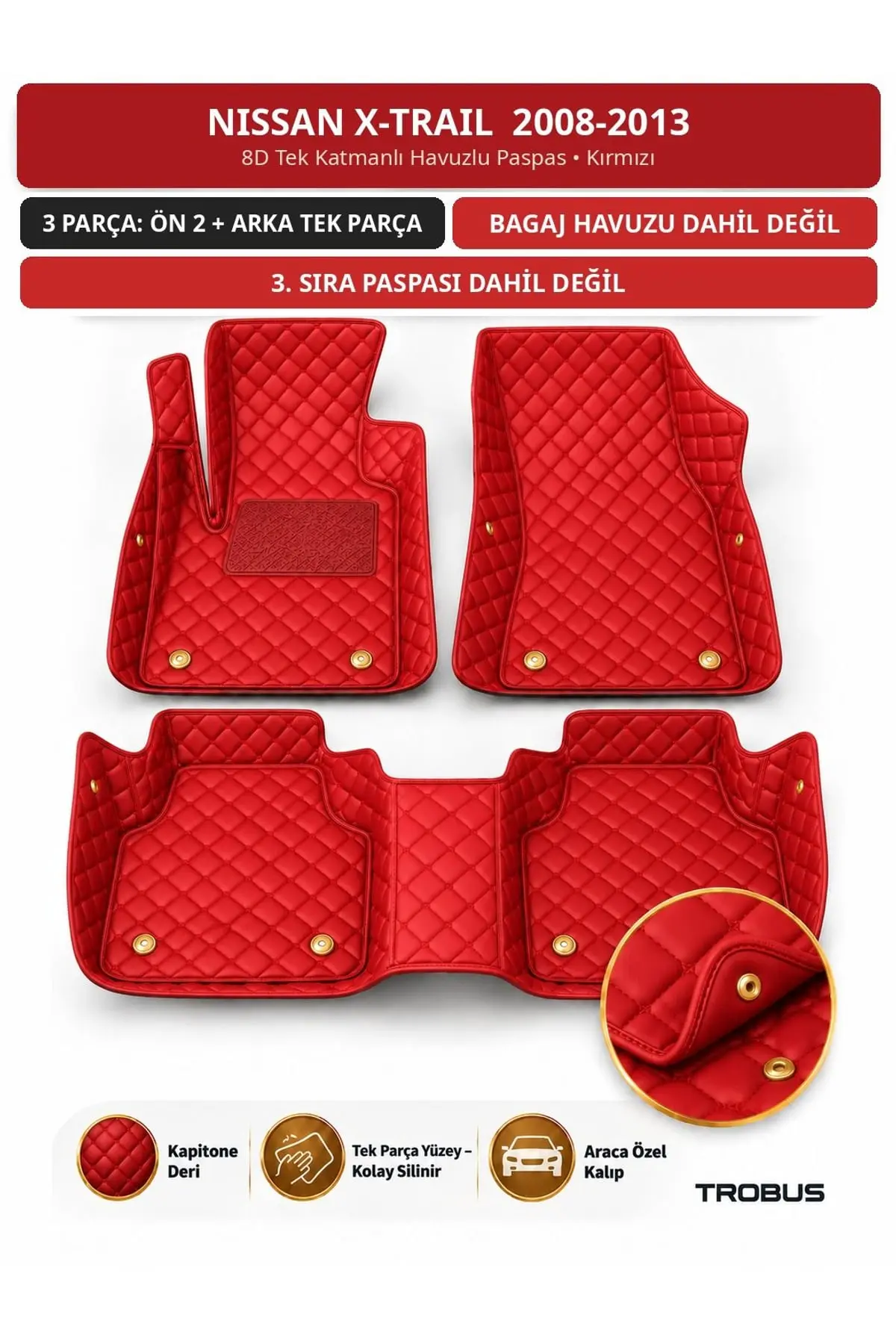 Nissan X-Trail 2008-2013 7 Kişilik 8D Tek Katmanlı Havuzlu Paspas Kapitone Deri Kırmızı 1