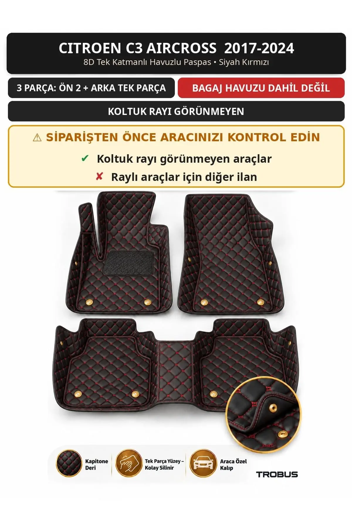 Citroen C3 Aircross 2017-2024 Koltuk Rayı Kapalı 8D Tek Katmanlı Paspas Deri Siyah Kırmızı 1