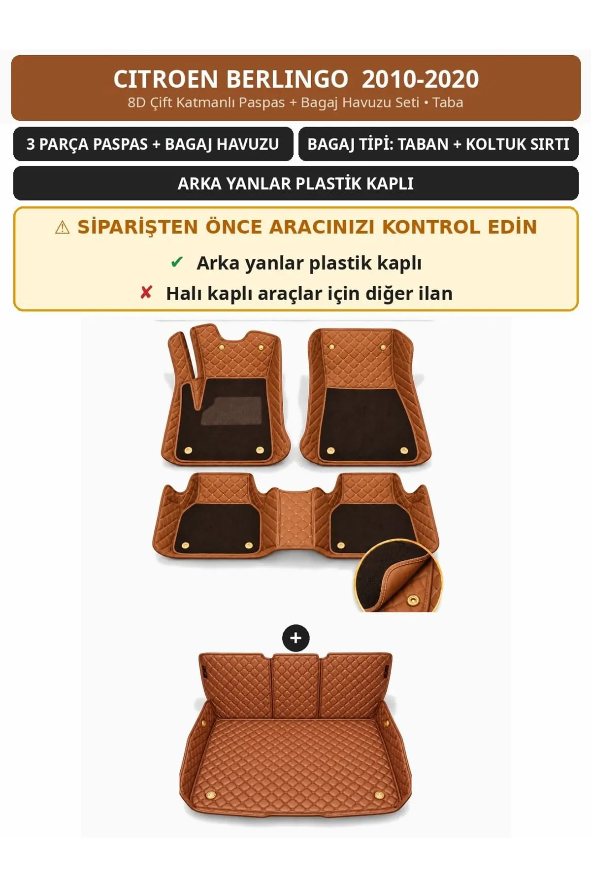Citroen Berlingo 2010-2020 Arka Yan Plastik 8D Çift Katmanlı Paspas + Bagaj Havuzu Seti Taba 1