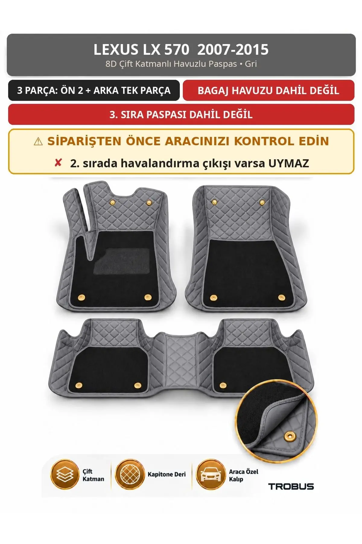 Lexus LX 570 2007-2015 8D Çift Katmanlı Havuzlu Paspas Kapitone Deri Gri 1
