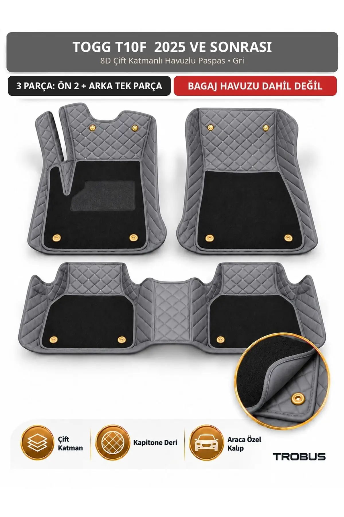 Togg T10F 2025+ 8D Çift Katmanlı Havuzlu Paspas Kapitone Deri Gri 1