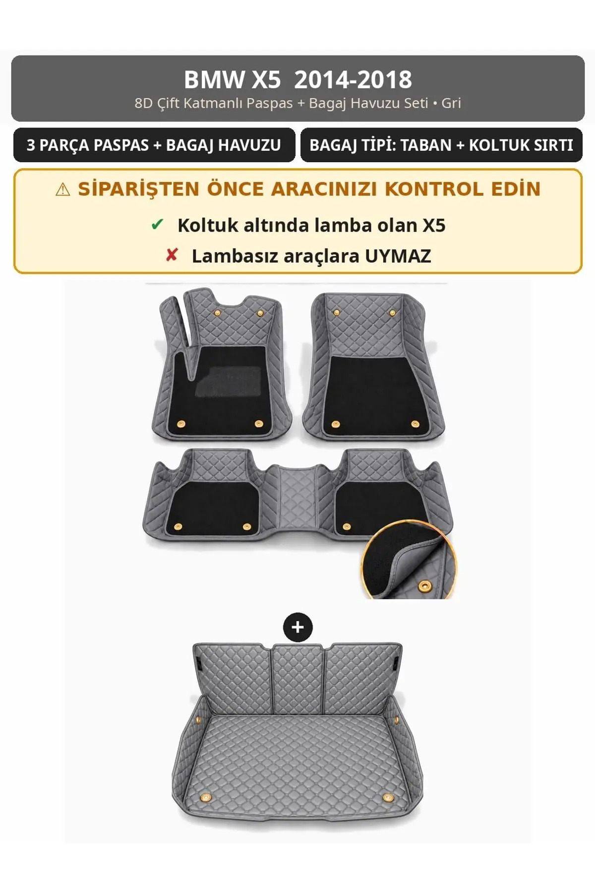 BMW X5 2014-2018 8D Çift Katmanlı Paspas + Bagaj Havuzu Seti Gri 1