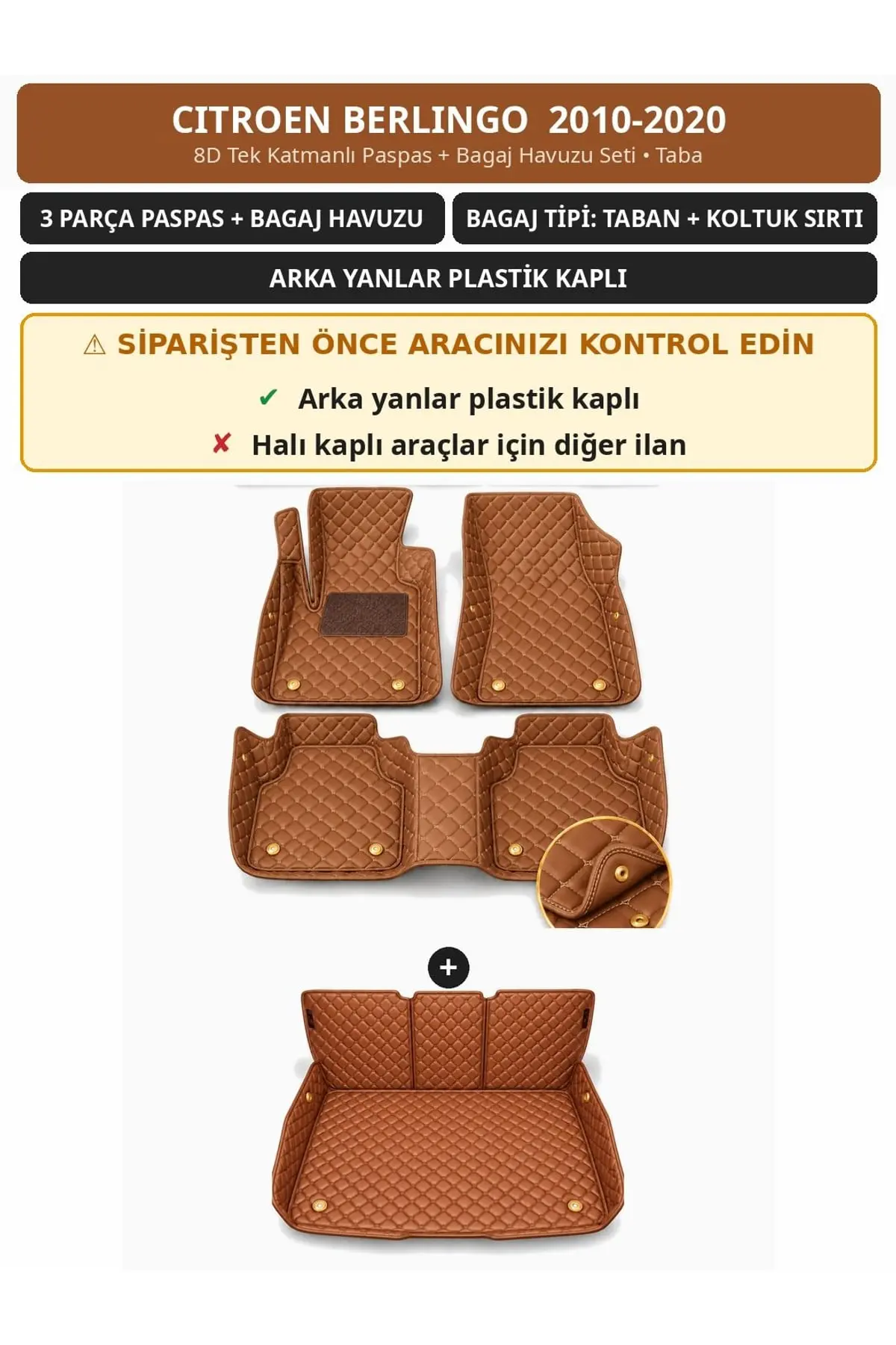 Citroen Berlingo 2010-2020 Arka Yan Plastik 8D Tek Katmanlı Paspas + Bagaj Havuzu Seti Taba 1