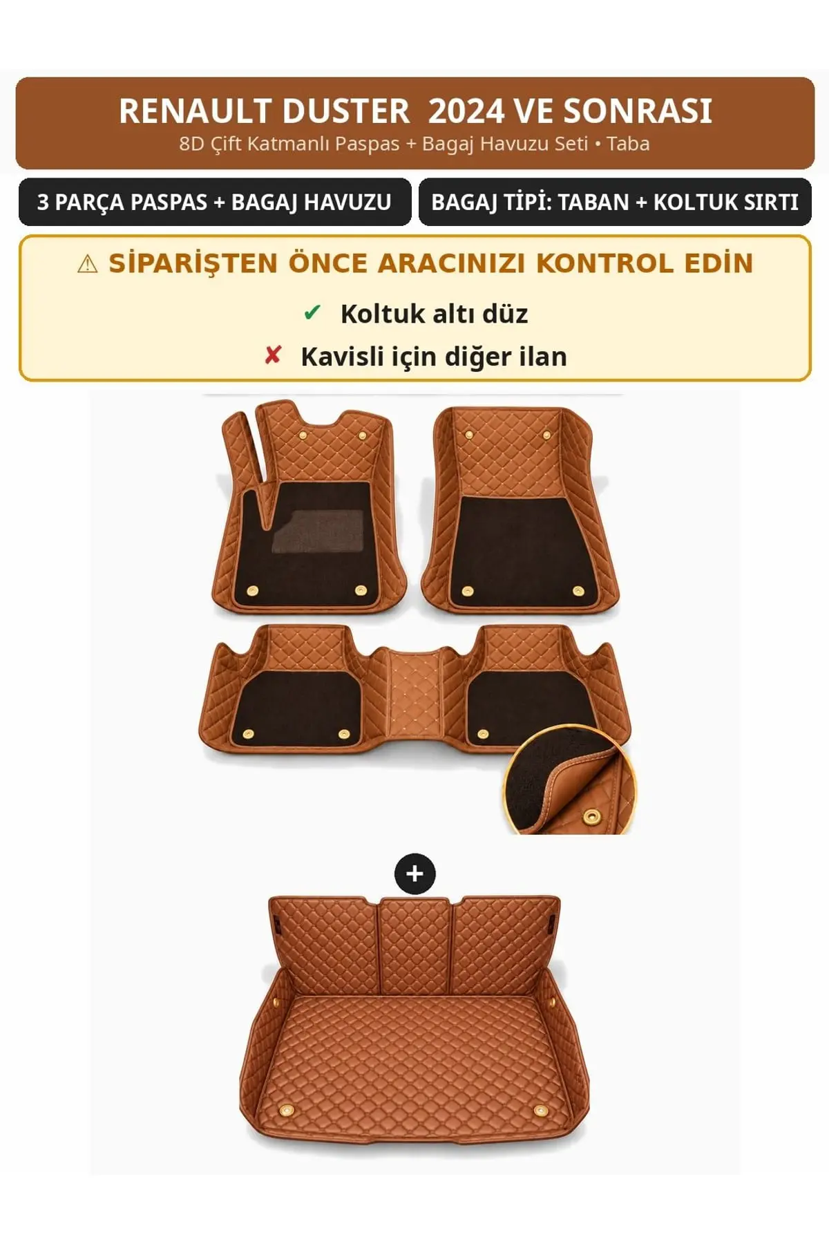 Renault Duster 2024+ Düz Koltuk Altı 8D Çift Katmanlı Paspas + Bagaj Havuzu Seti Taba 1