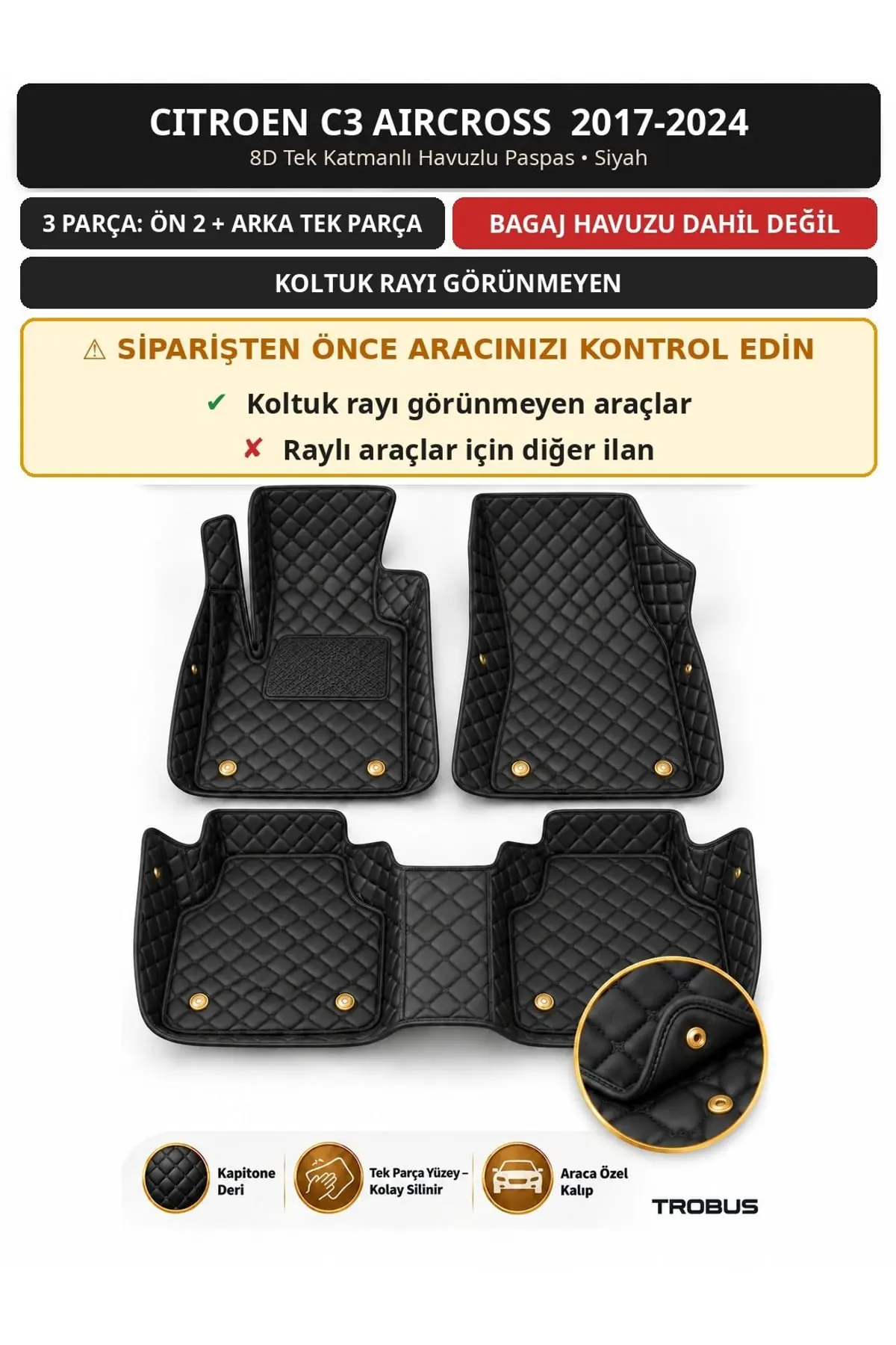 Citroen C3 Aircross 2017-2024 Koltuk Rayı Kapalı 8D Tek Katmanlı Havuzlu Paspas Deri Siyah 1