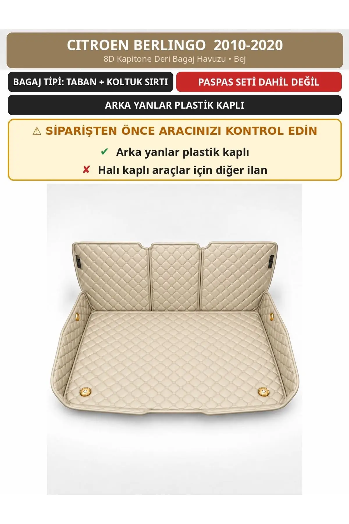 Citroen Berlingo 2010-2020 Arka Yan Plastik 8D Kapitone Deri Bagaj Havuzu Sırt Kaplamalı Bej 1