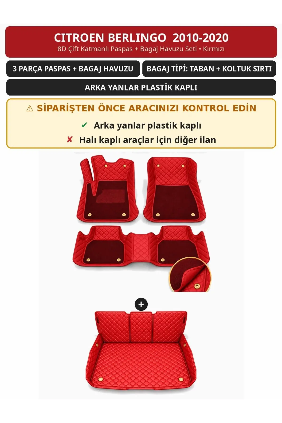 Citroen Berlingo 2010-2020 Arka Yan Plastik 8D Çift Katmanlı Paspas + Bagaj Havuzu Seti Kırmızı 1