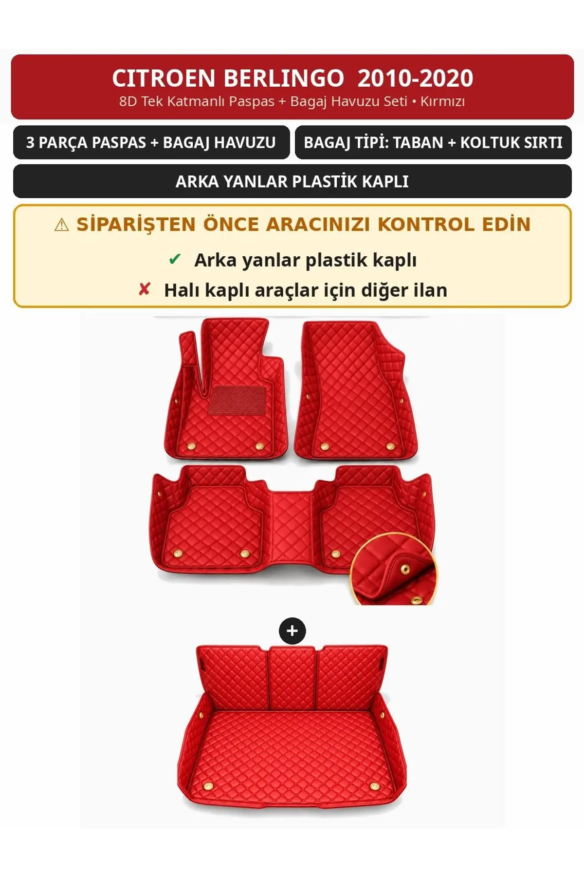 Citroen Berlingo 2010-2020 Arka Yan Plastik 8D Tek Katmanlı Paspas + Bagaj Havuzu Seti Kırmızı 1