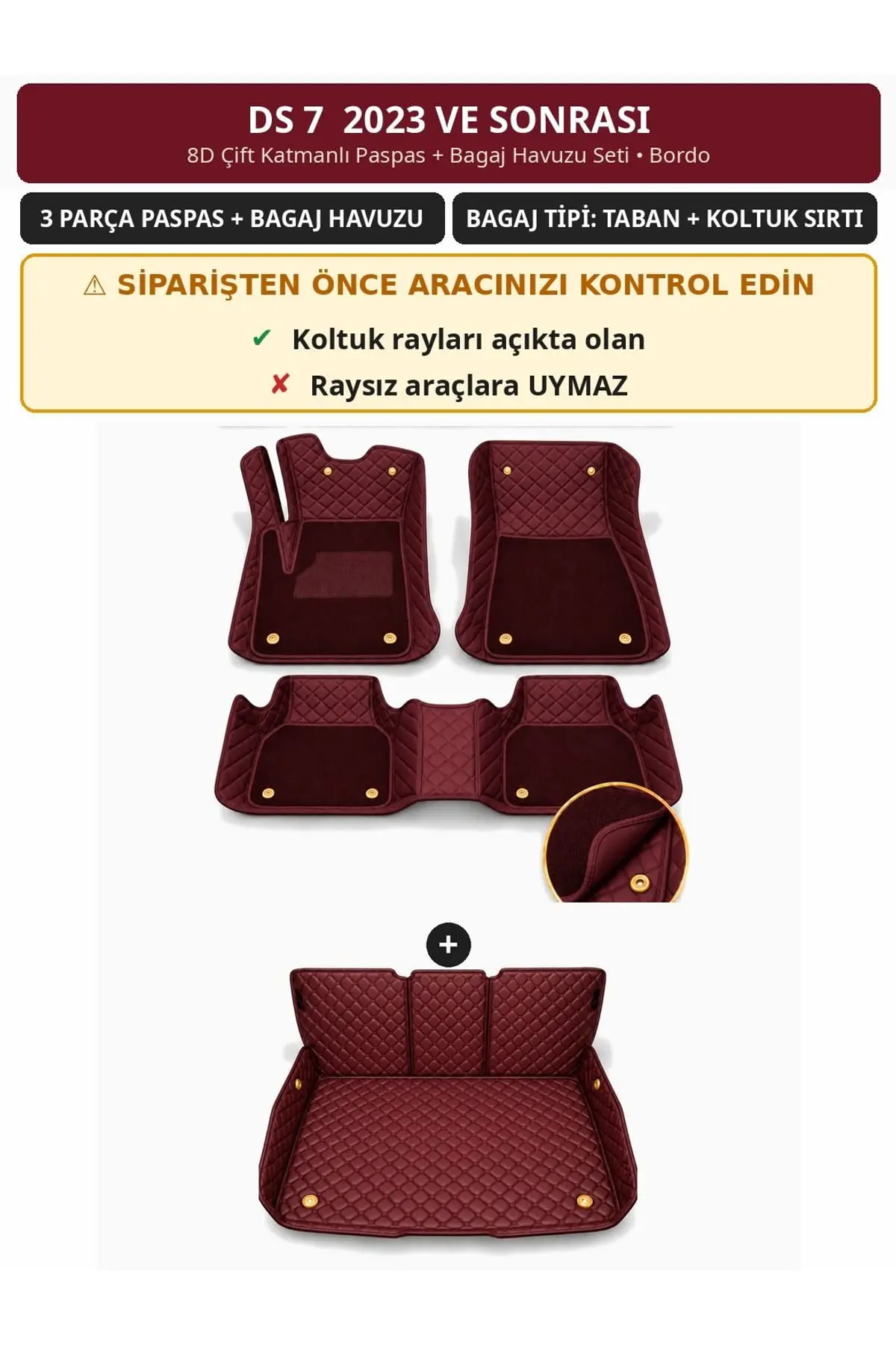 DS 7 2023+ 8D Çift Katmanlı Paspas + Bagaj Havuzu Seti Bordo 1