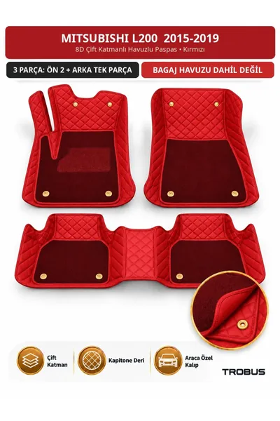 Mitsubishi L200 2015-2019 8D Çift Katmanlı Havuzlu Paspas Kapitone Deri Kırmızı