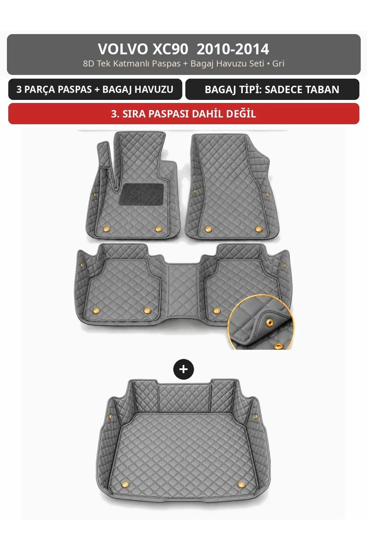 Volvo XC90 2010-2014 8D Tek Katmanlı Paspas + Bagaj Havuzu Seti Gri 1