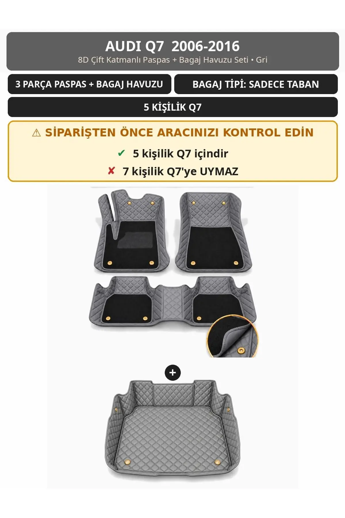 Audi Q7 2006-2016 5 Kişilik 8D Çift Katmanlı Paspas + Bagaj Havuzu Seti Gri 1