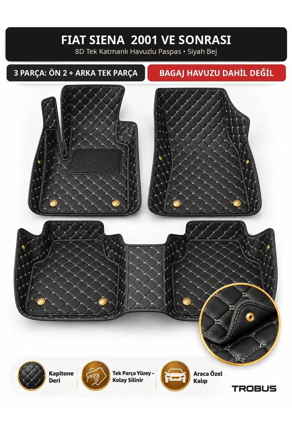 Fiat Siena 2001+ 8D Tek Katmanlı Havuzlu Paspas Kapitone Deri Siyah Bej 1