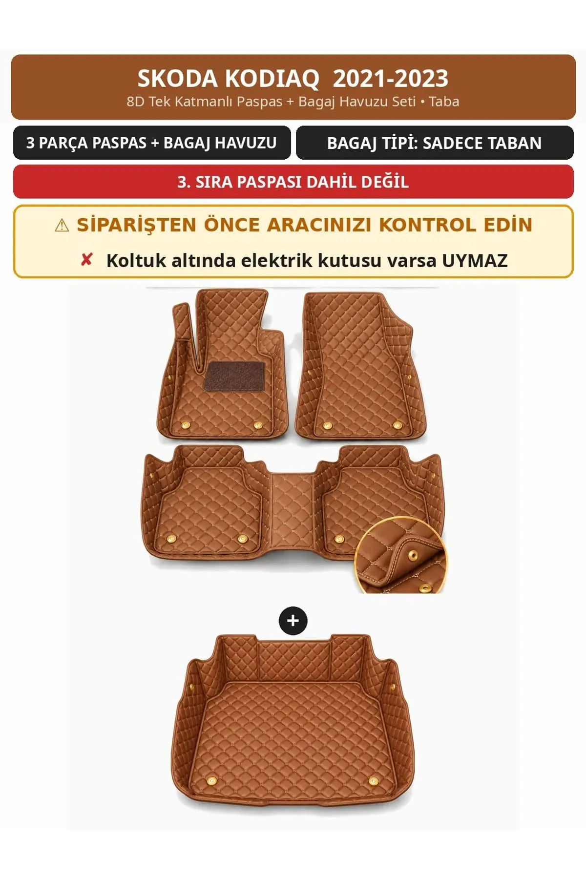 Skoda Kodiaq 2021-2023 7 Kişilik 8D Tek Katmanlı Paspas + Bagaj Havuzu Seti Taba 1