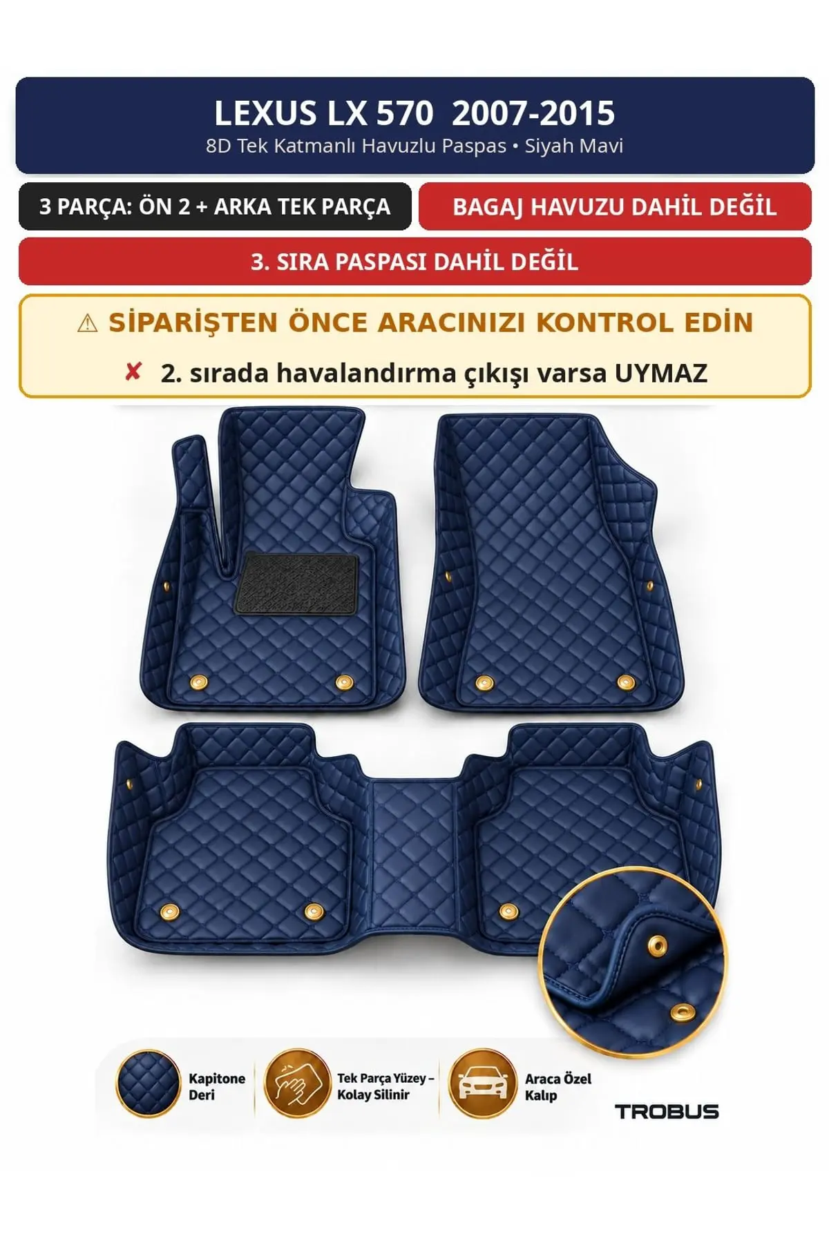 Lexus LX 570 2007-2015 8D Tek Katmanlı Havuzlu Paspas Kapitone Deri Siyah Mavi 1