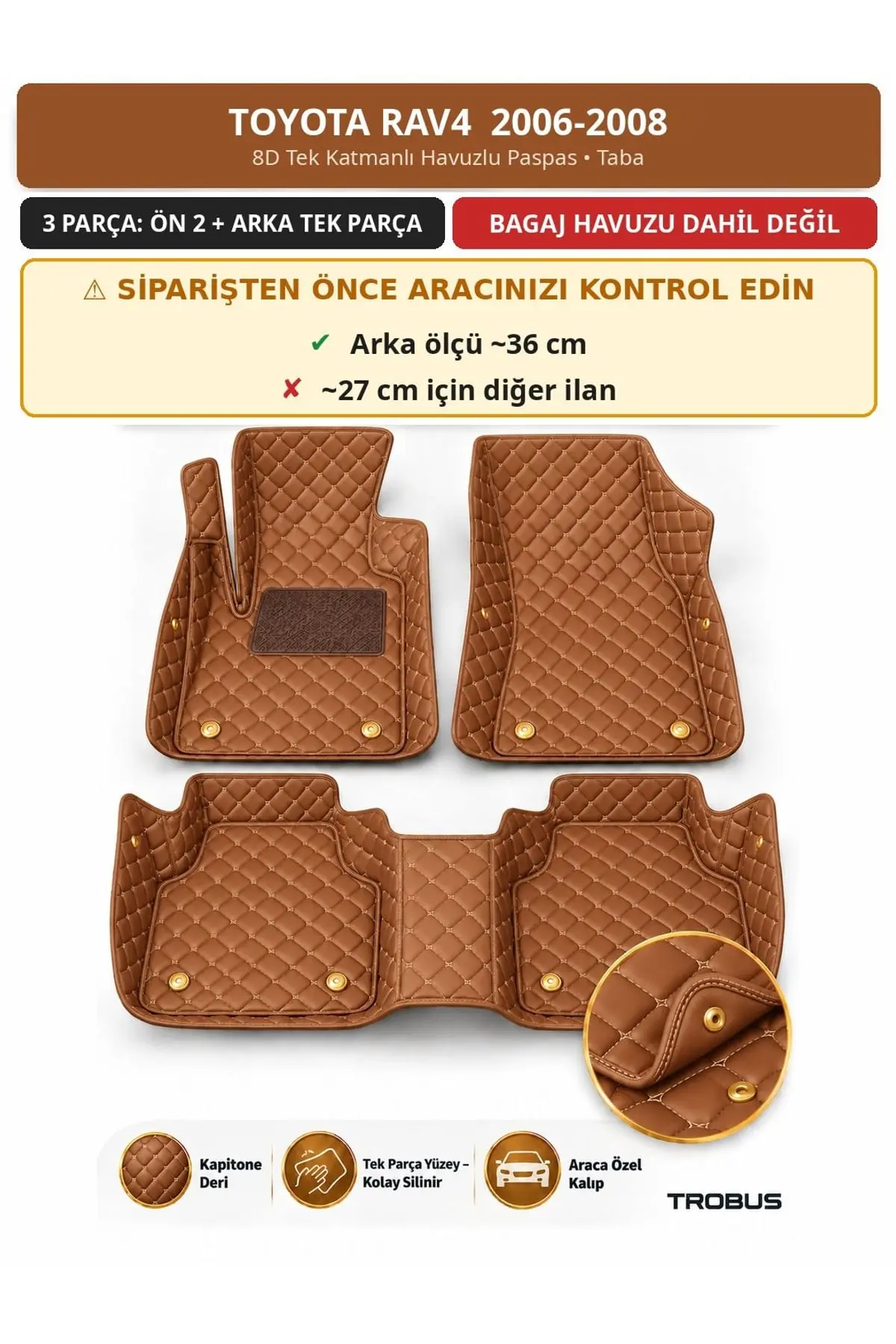 Toyota RAV4 2006-2008 36 cm 8D Tek Katmanlı Havuzlu Paspas Kapitone Deri Taba 1