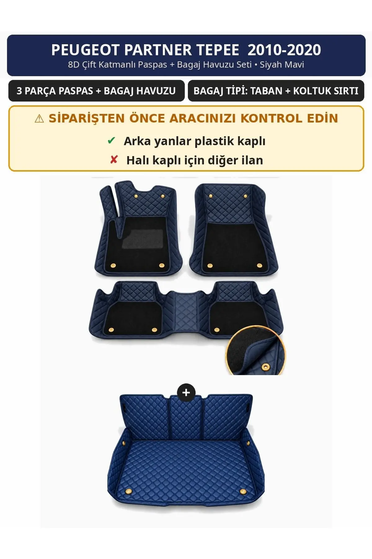 Peugeot Partner Tepee 2010-2020 Arka Yan Plastik 8D Çift Katmanlı Paspas + Bagaj Havuzu Seti Siyah Mavi 1