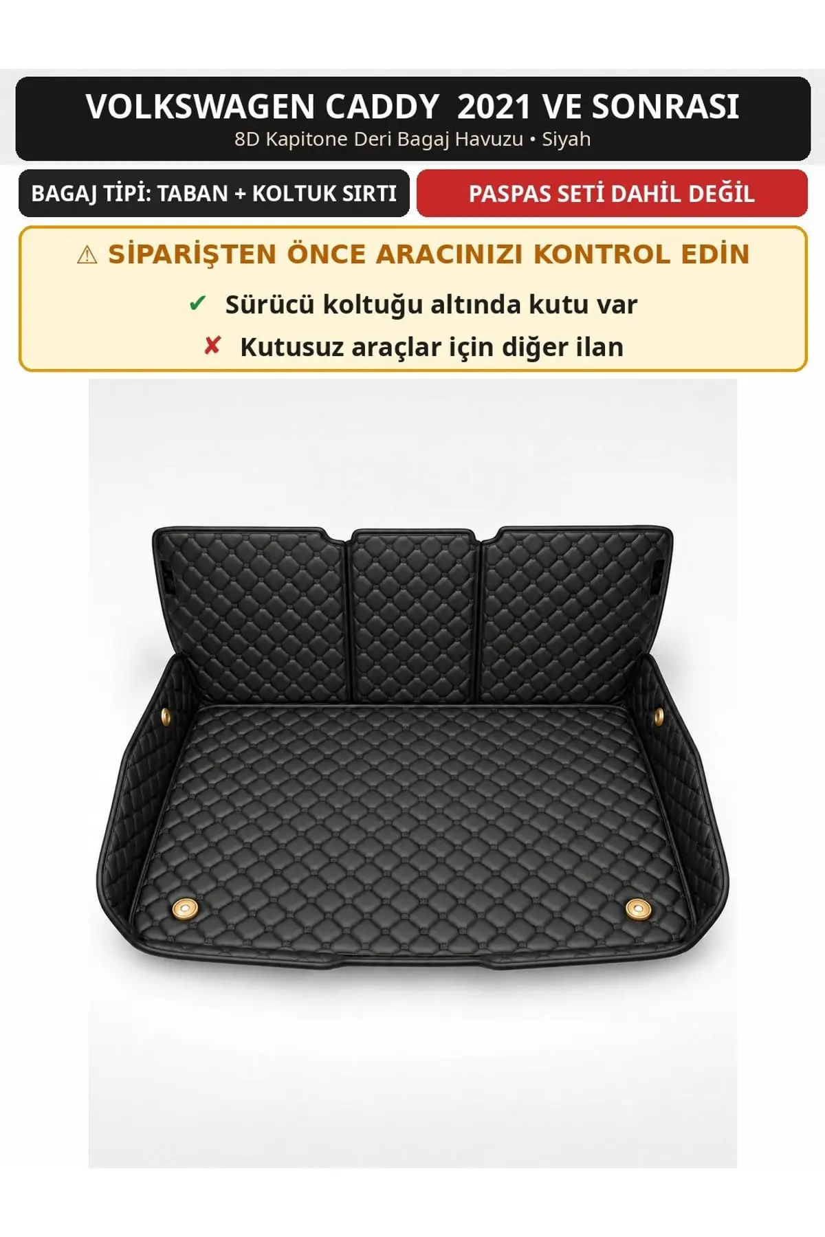 Volkswagen Caddy 2021+ Sürücü Altı Kutulu 8D Kapitone Deri Bagaj Havuzu Sırt Kaplamalı Siyah 1