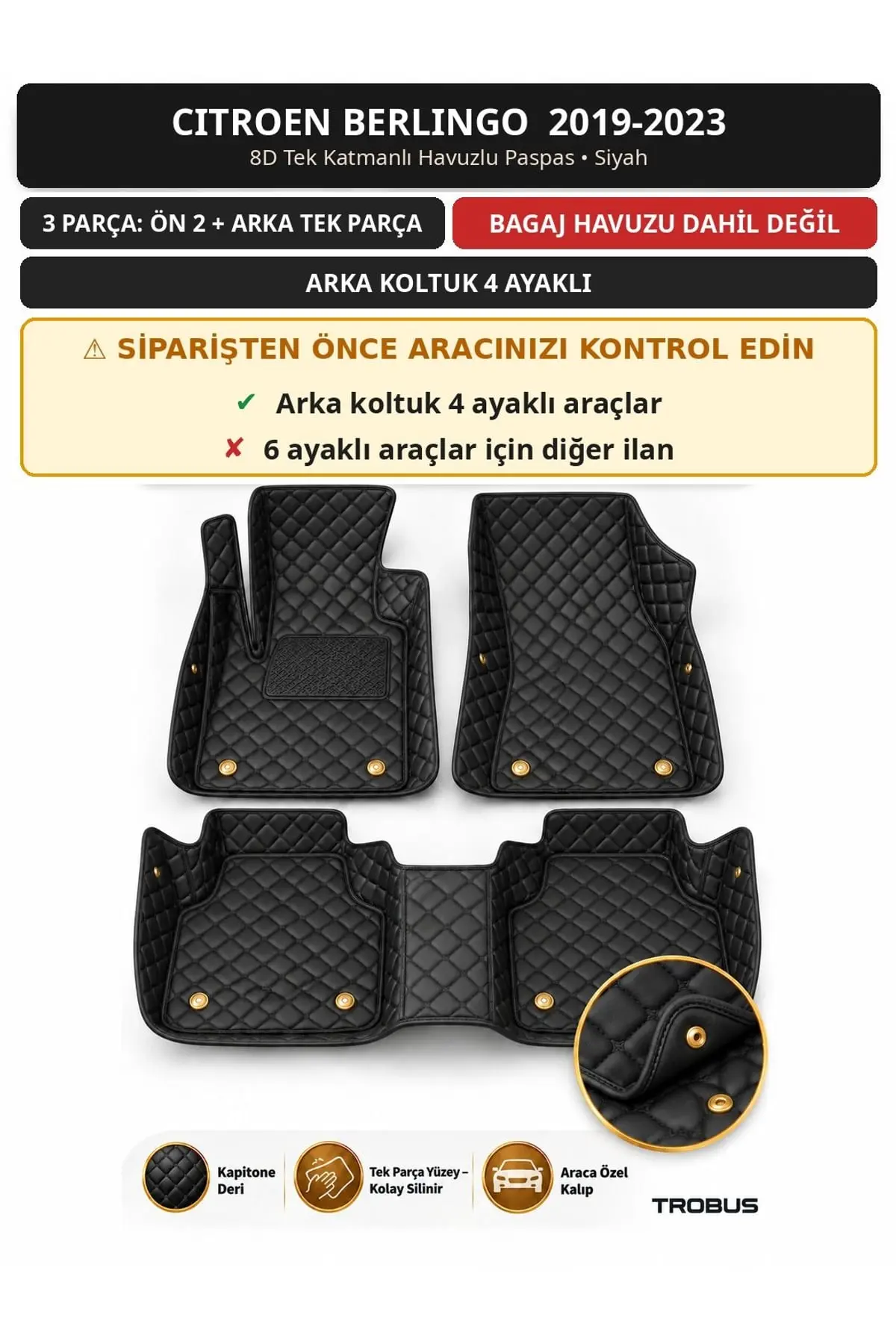Citroen Berlingo 2019-2023 4 Ayaklı Arka Koltuk 8D Tek Katmanlı Havuzlu Paspas Deri Siyah 1