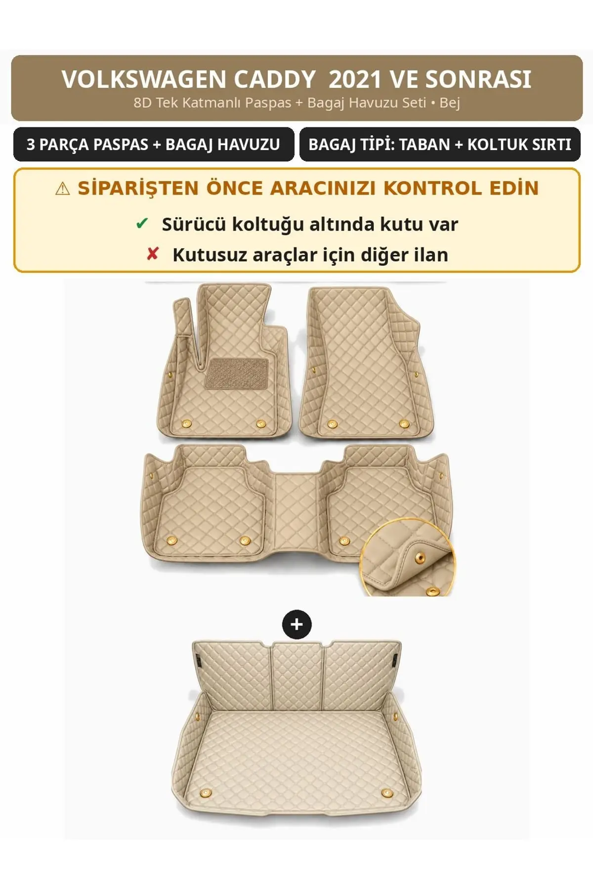 Volkswagen Caddy 2021+ Sürücü Altı Kutulu 8D Tek Katmanlı Paspas + Bagaj Havuzu Seti Bej 1