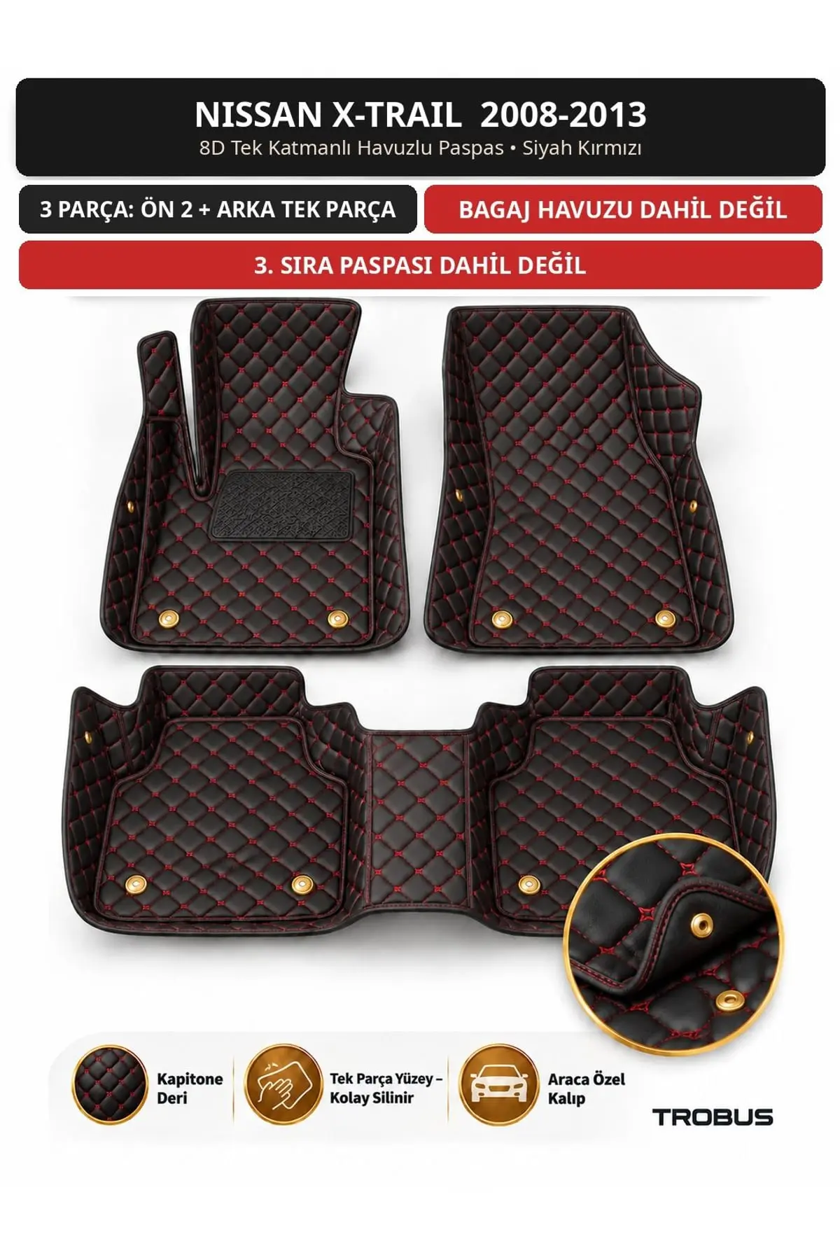 Nissan X-Trail 2008-2013 7 Kişilik 8D Tek Katmanlı Havuzlu Paspas Kapitone Deri Siyah Kırmızı 1