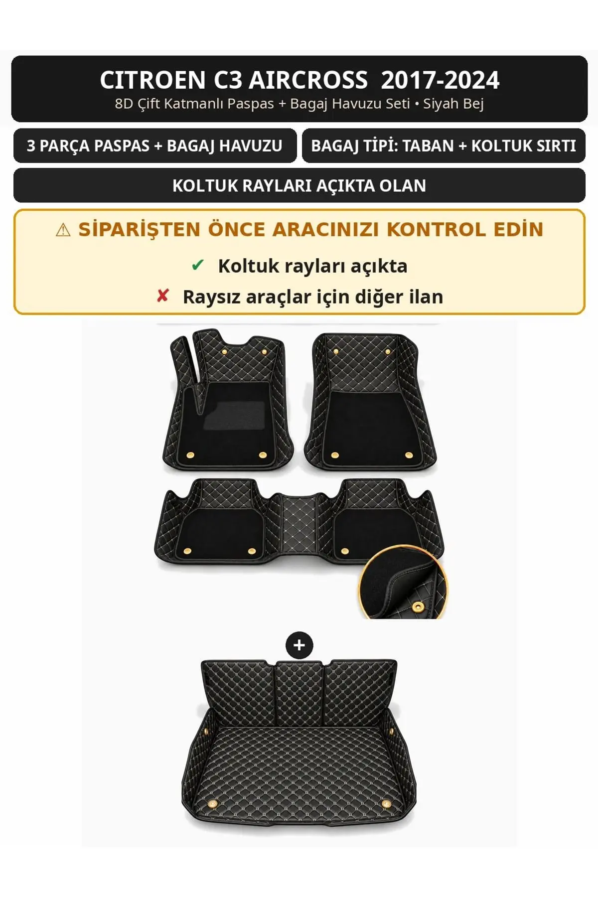 Citroen C3 Aircross 2017-2024 Koltuk Rayı Açık 8D Çift Katmanlı Paspas + Bagaj Havuzu Seti Siyah Bej 1
