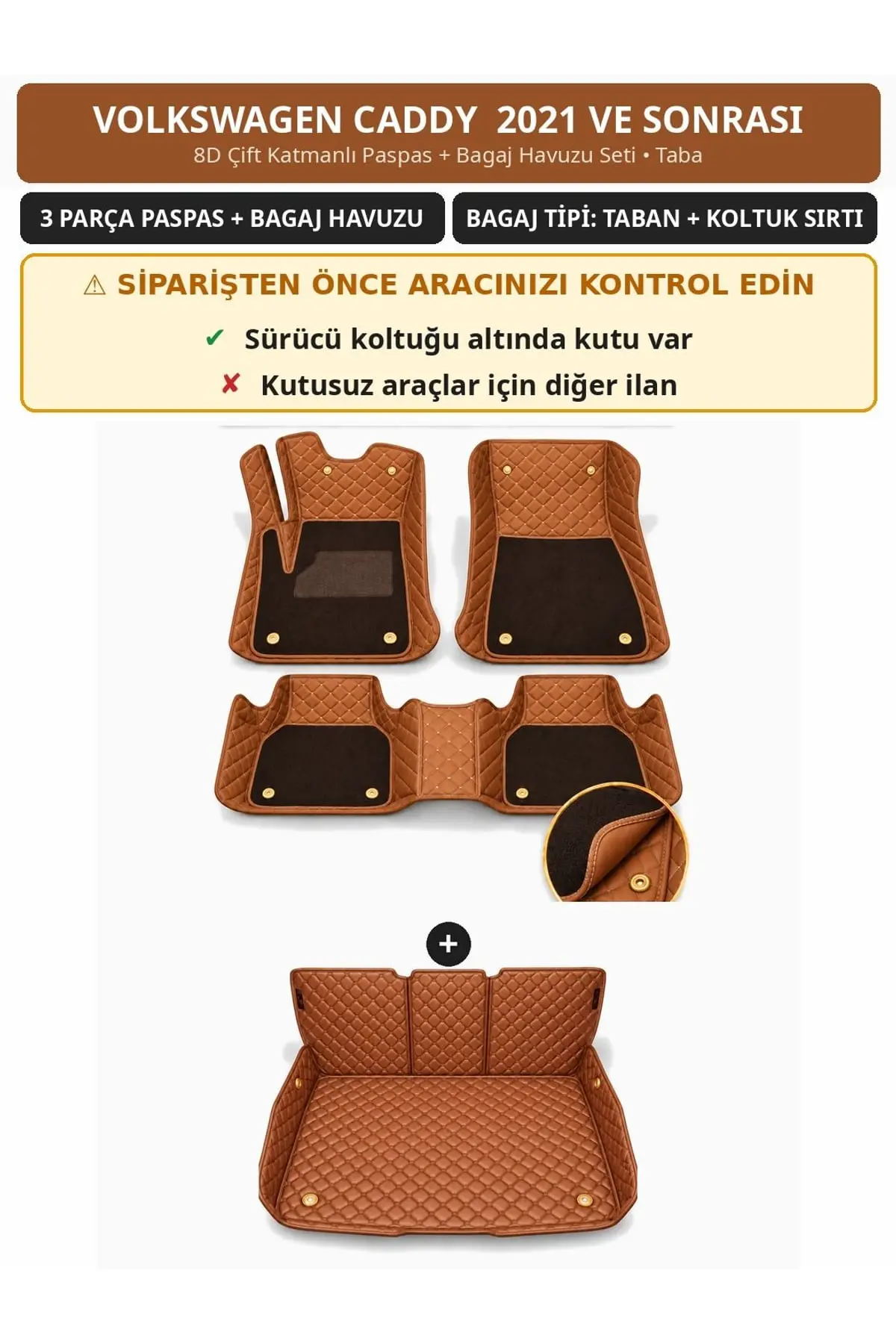 Volkswagen Caddy 2021+ Sürücü Altı Kutulu 8D Çift Katmanlı Paspas + Bagaj Havuzu Seti Taba 1
