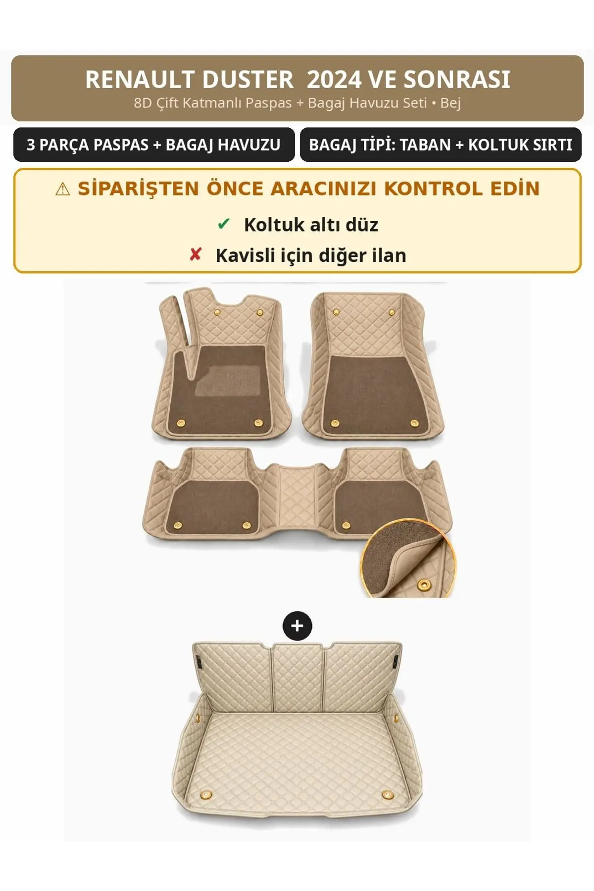 Renault Duster 2024+ Düz Koltuk Altı 8D Çift Katmanlı Paspas + Bagaj Havuzu Seti Bej 1