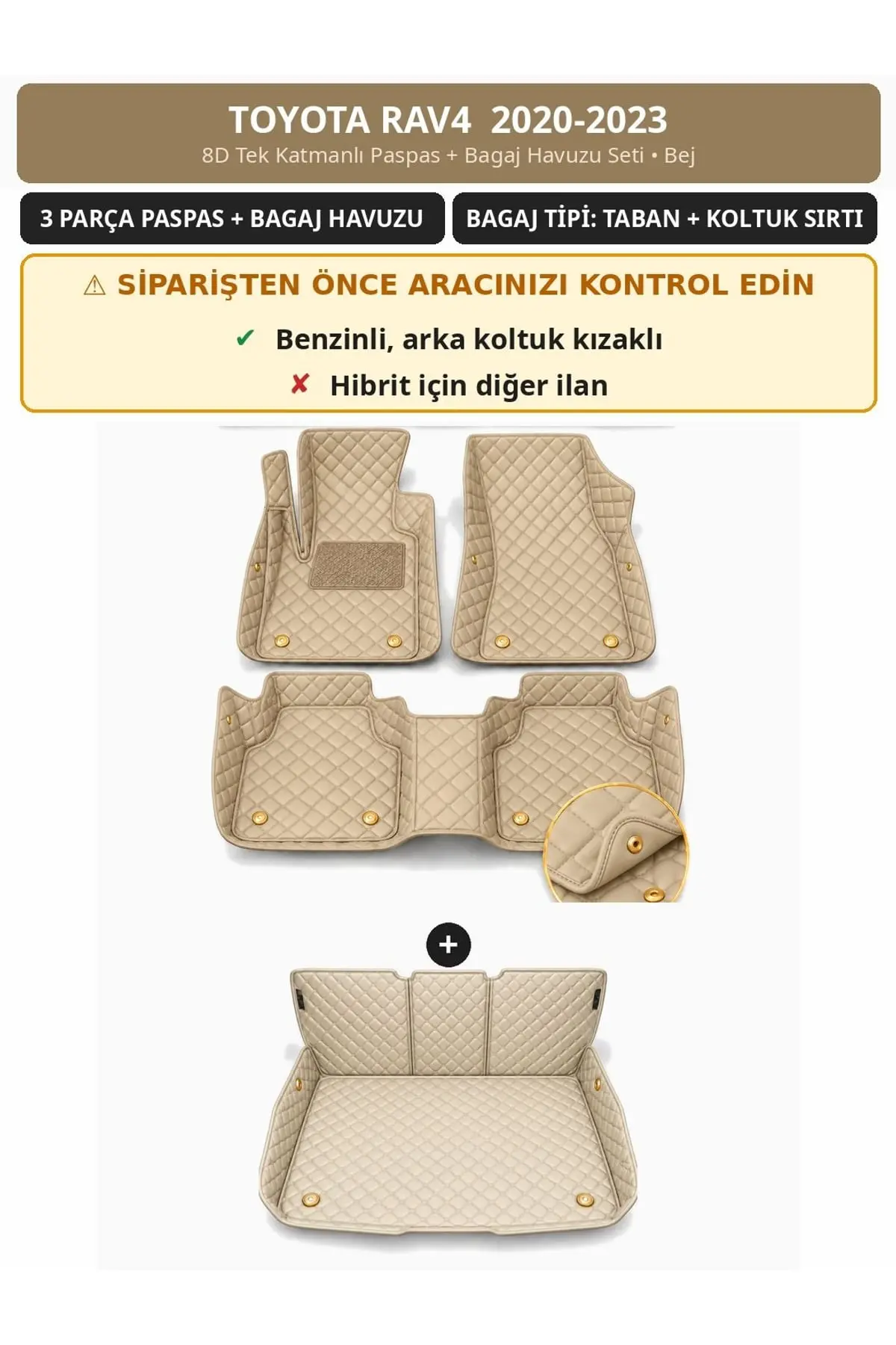 Toyota RAV4 2020-2023 Benzinli 8D Tek Katmanlı Paspas + Bagaj Havuzu Seti Bej 1