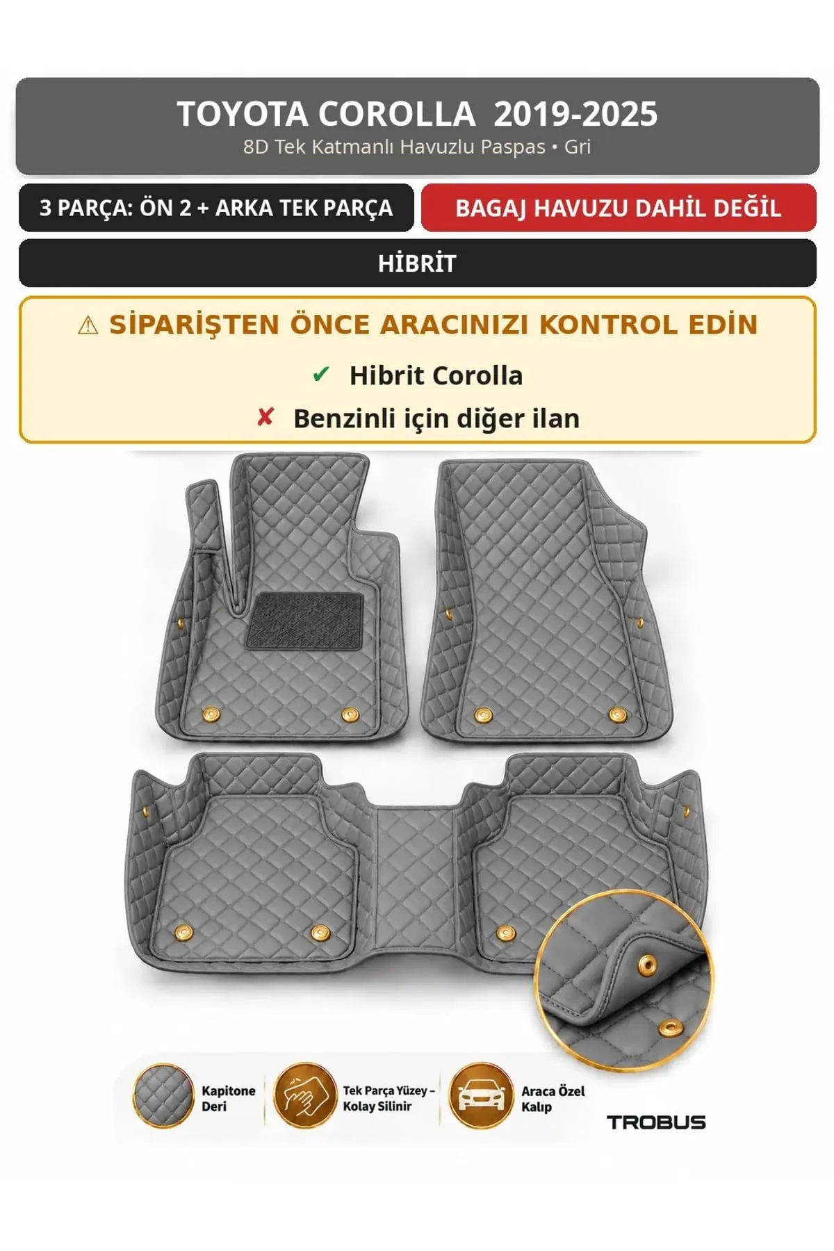 Toyota Corolla 2019-2025 Hibrit 8D Tek Katmanlı Havuzlu Paspas Kapitone Deri Gri 1