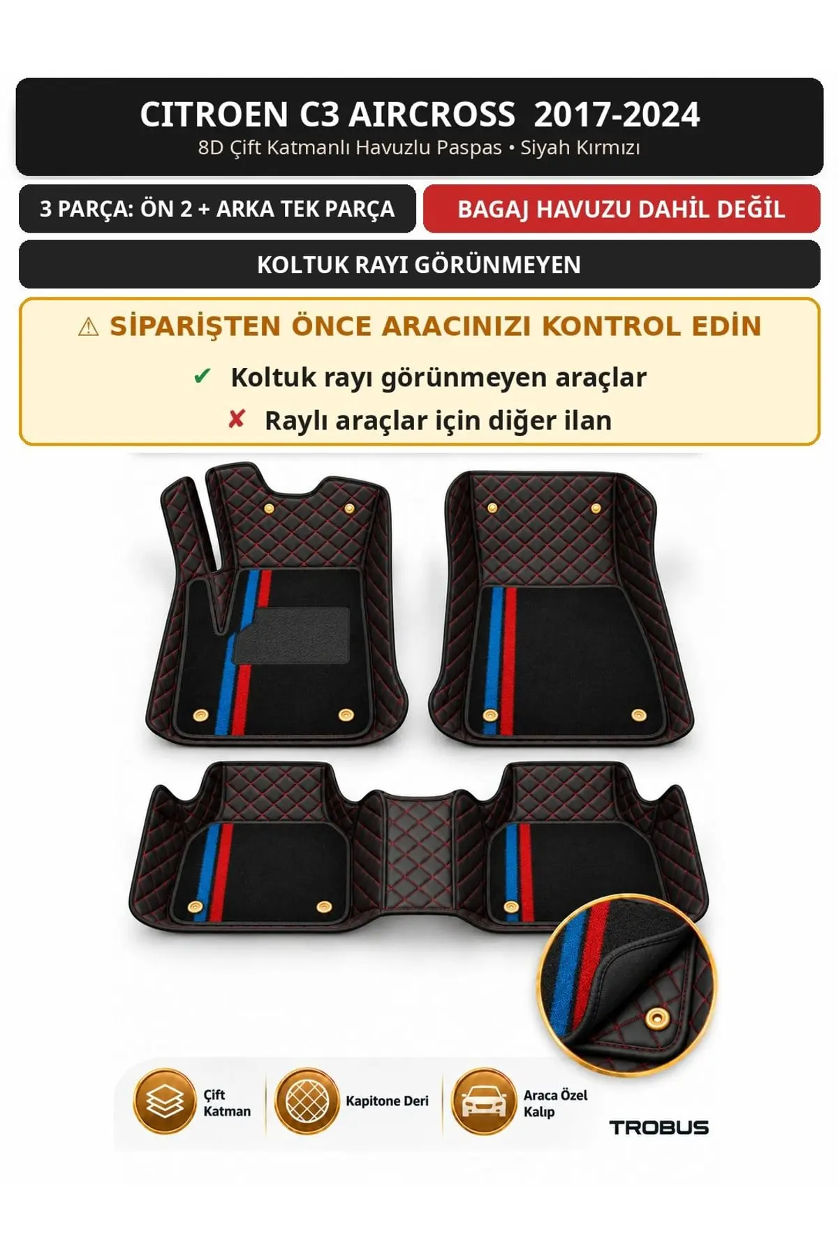 Citroen C3 Aircross 2017-2024 Koltuk Rayı Kapalı 8D Çift Katmanlı Paspas Deri Siyah Kırmızı 1