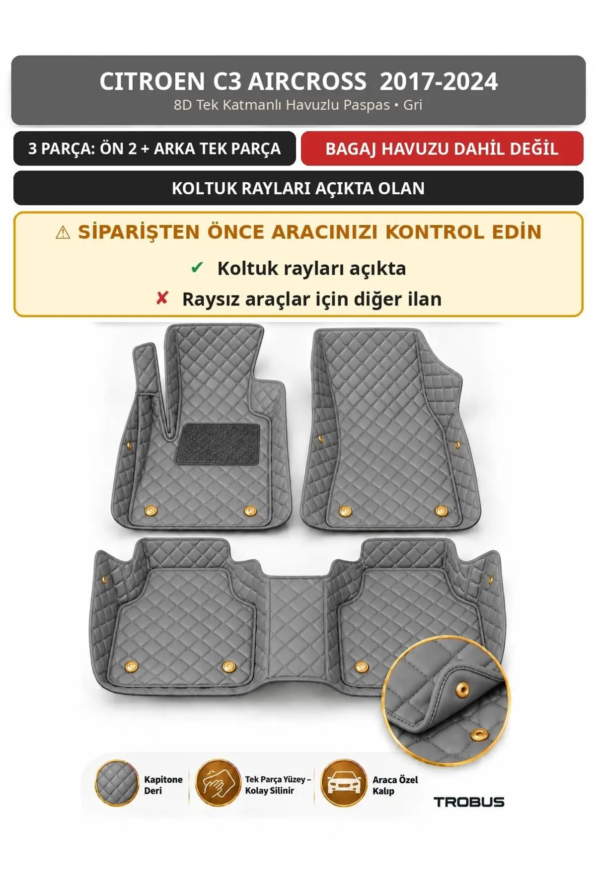 Citroen C3 Aircross 2017-2024 Koltuk Rayı Açık 8D Tek Katmanlı Havuzlu Paspas Deri Gri 1