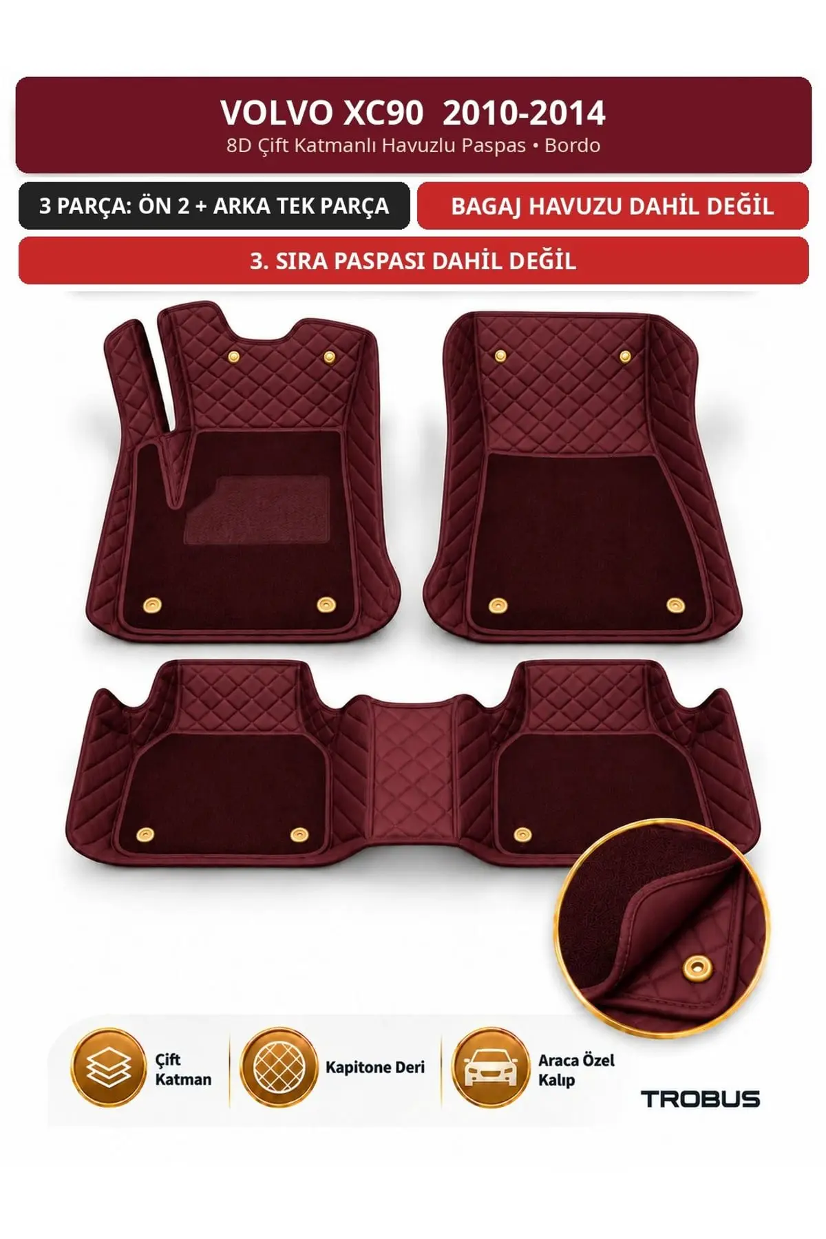 Volvo XC90 2010-2014 8D Çift Katmanlı Havuzlu Paspas Kapitone Deri Bordo 1
