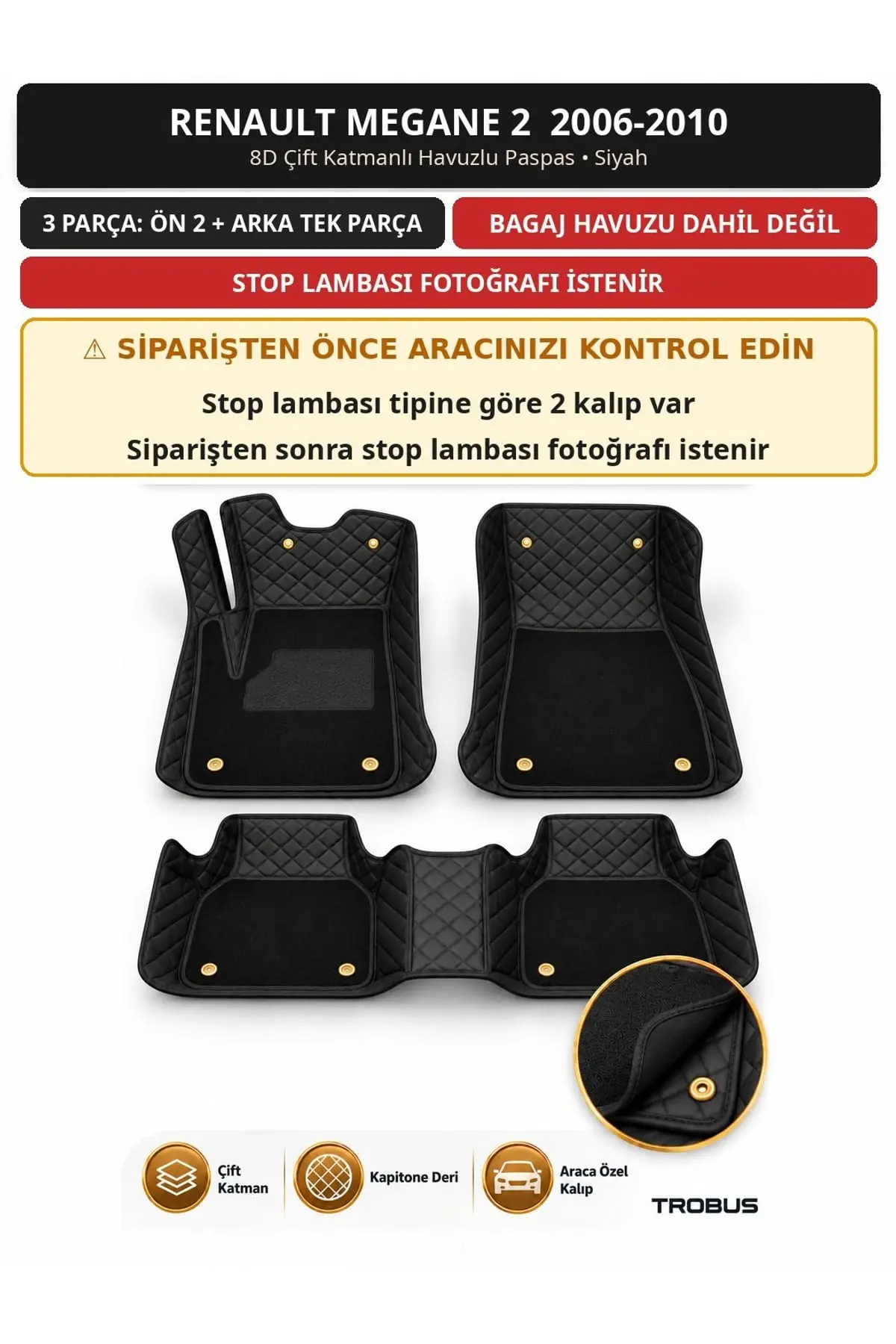 Renault Megane 2 2006-2010 8D Çift Katmanlı Havuzlu Paspas Kapitone Deri Siyah 1