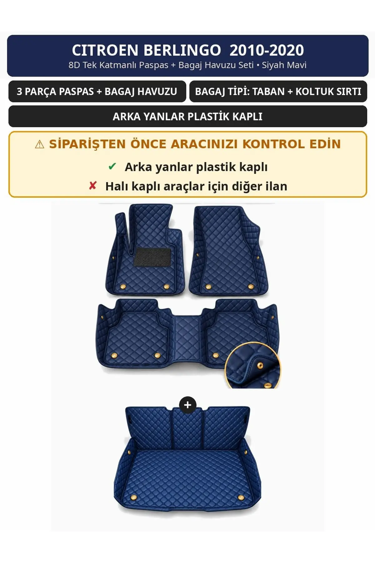 Citroen Berlingo 2010-2020 Arka Yan Plastik 8D Tek Katmanlı Paspas + Bagaj Havuzu Seti Siyah Mavi 1