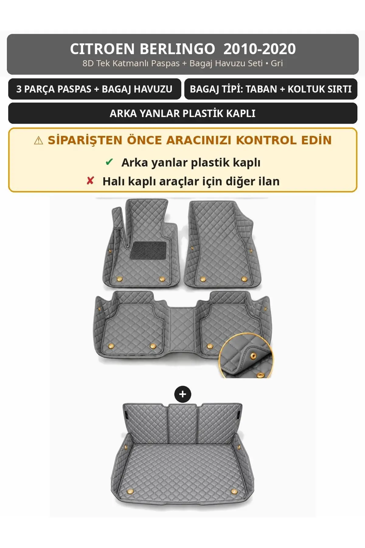 Citroen Berlingo 2010-2020 Arka Yan Plastik 8D Tek Katmanlı Paspas + Bagaj Havuzu Seti Gri 1